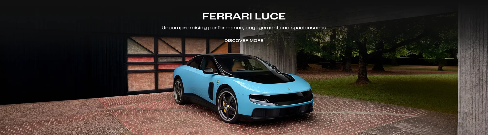 Official Ferrari Luce promotional banner supplied for Ferrari of Alberta, showing a light blue car with a black roof outside a building.
