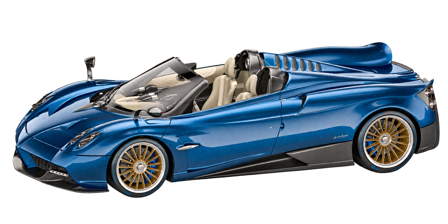 Blue carbon Pagani Huayra Roadster with gold wheels, front three-quarter view