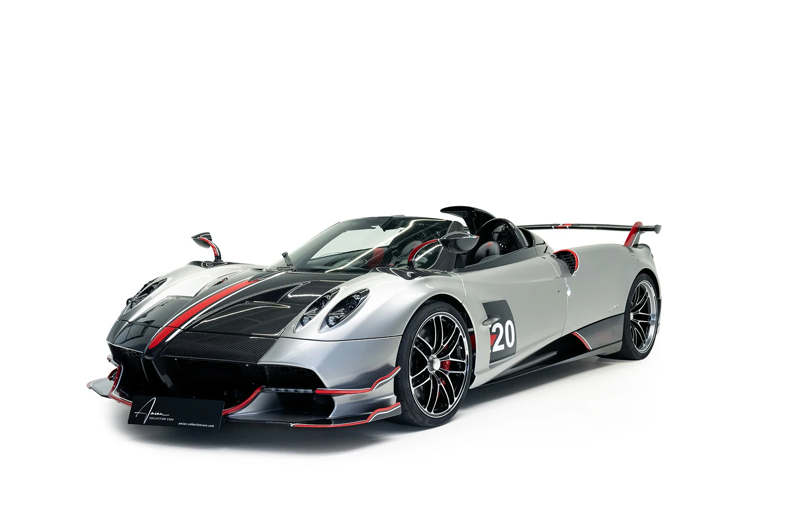Gray and carbon Pagani Huayra Roadster BC, full front three-quarter view