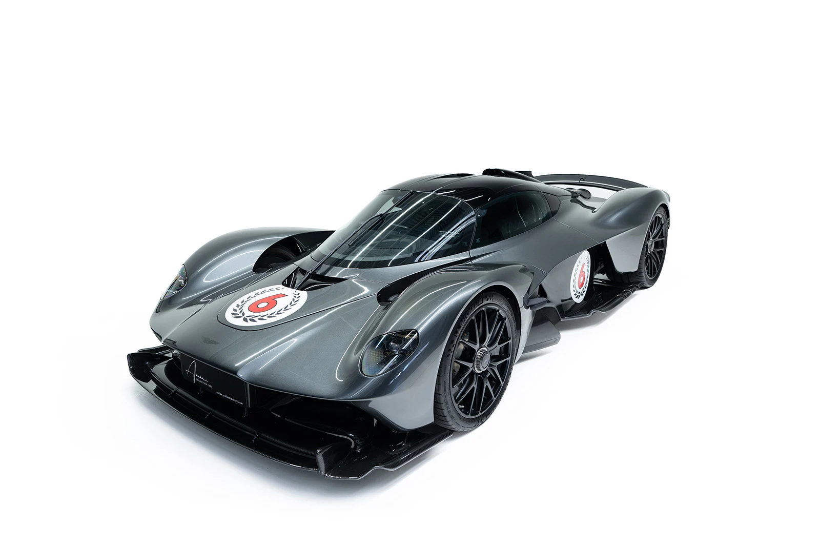 Gray Aston Martin Valkyrie, full front three-quarter view