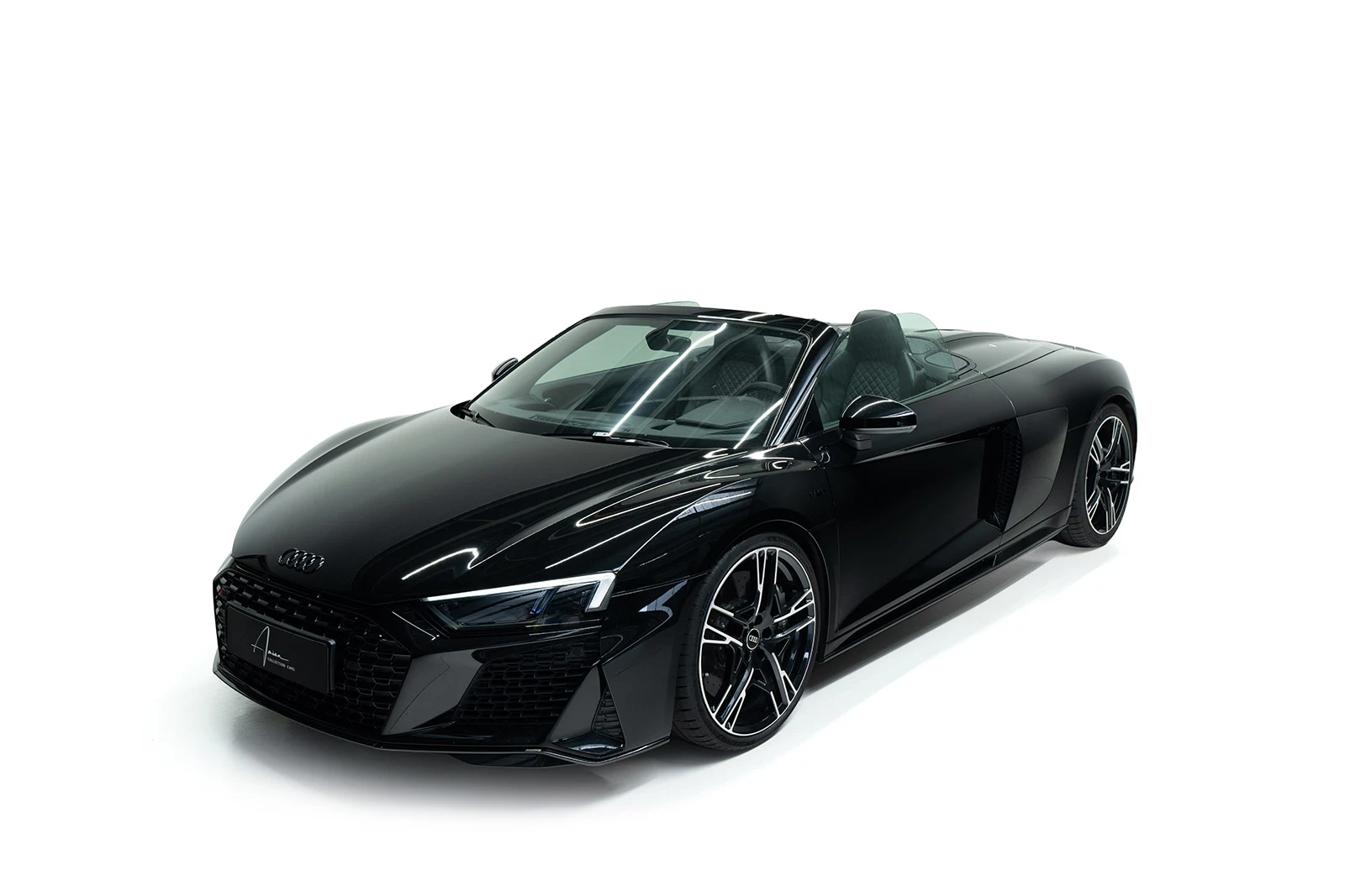 Black Audi R8 Spyder, full front three-quarter view