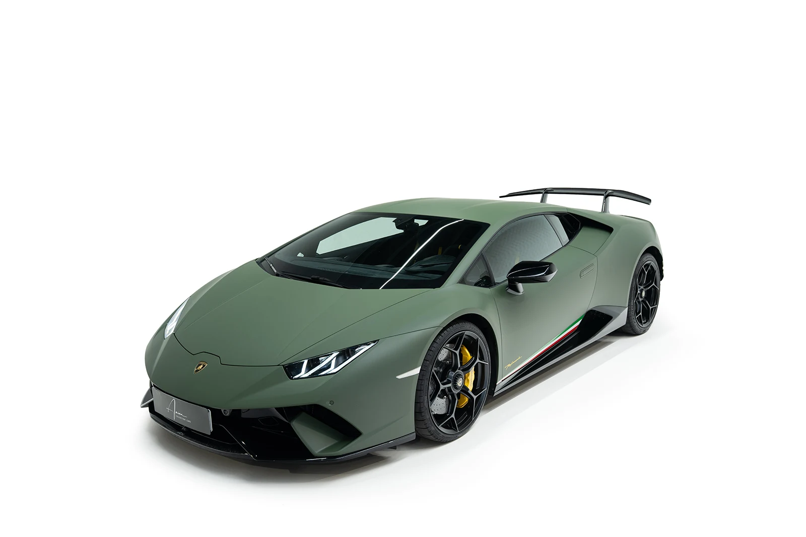 Matte green Lamborghini Huracán Performante, full front three-quarter view