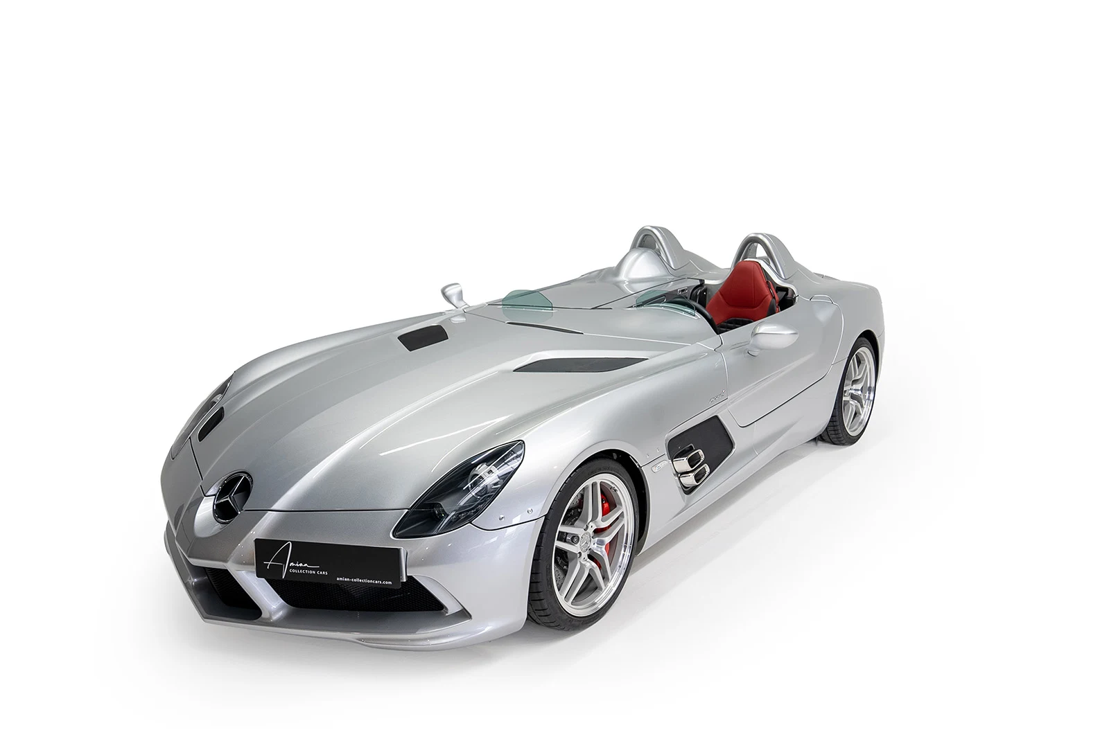 Silver Mercedes-Benz SLR Stirling Moss, full front three-quarter view