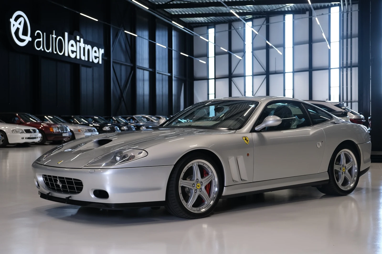 Silver Ferrari 575M Maranello, full front three-quarter view