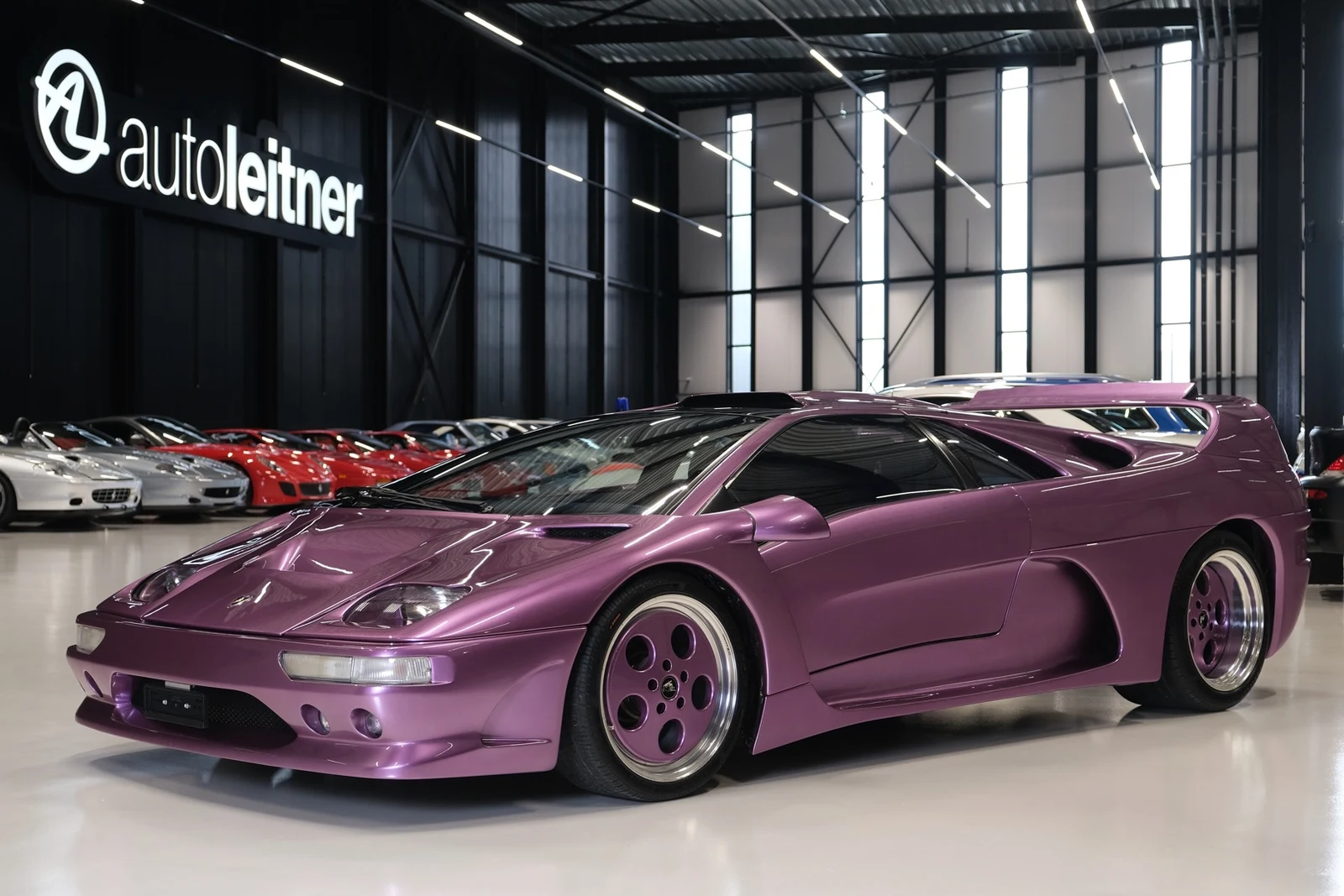 Purple Lamborghini Diablo, full front three-quarter view