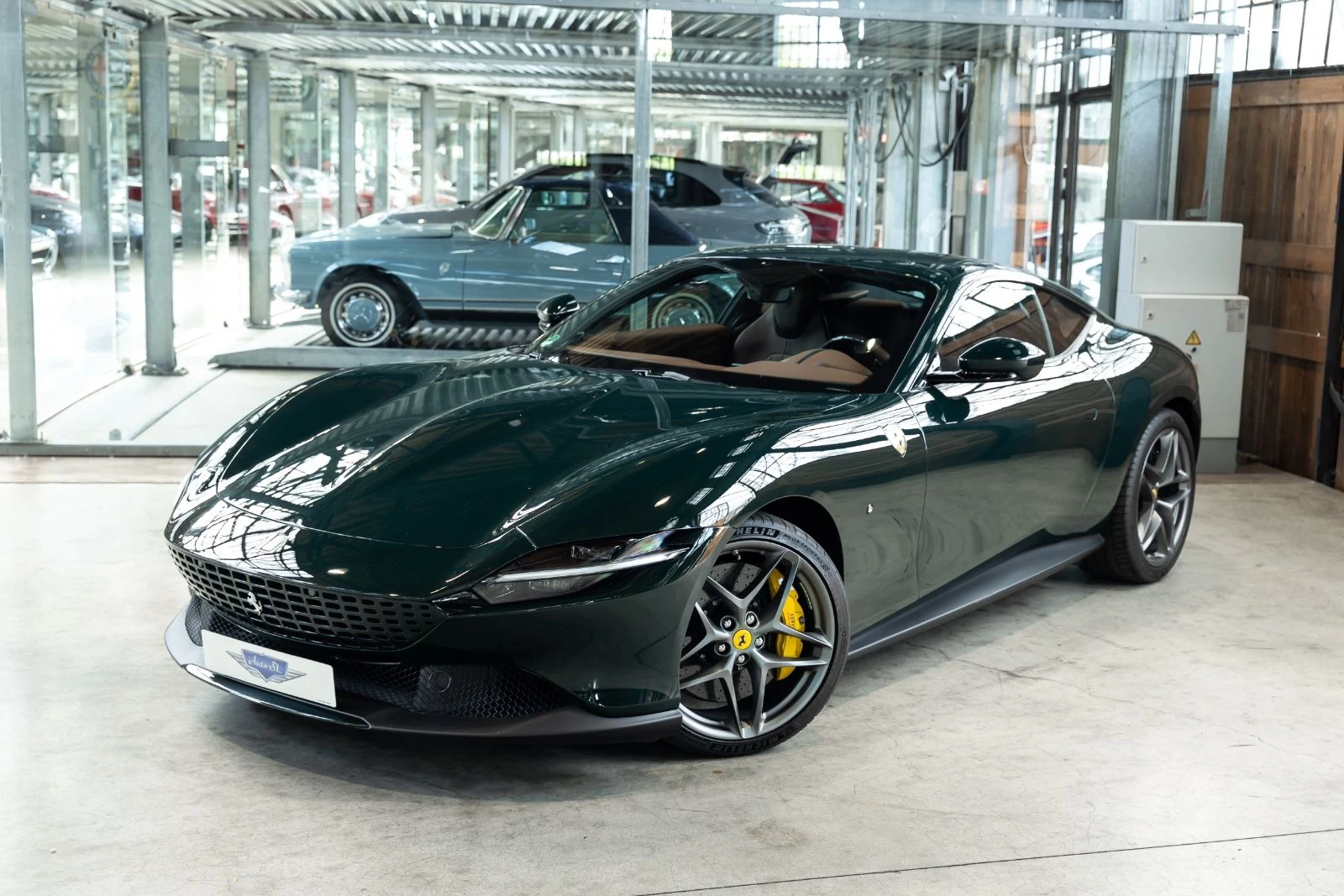 Green Ferrari Roma, full front three-quarter view