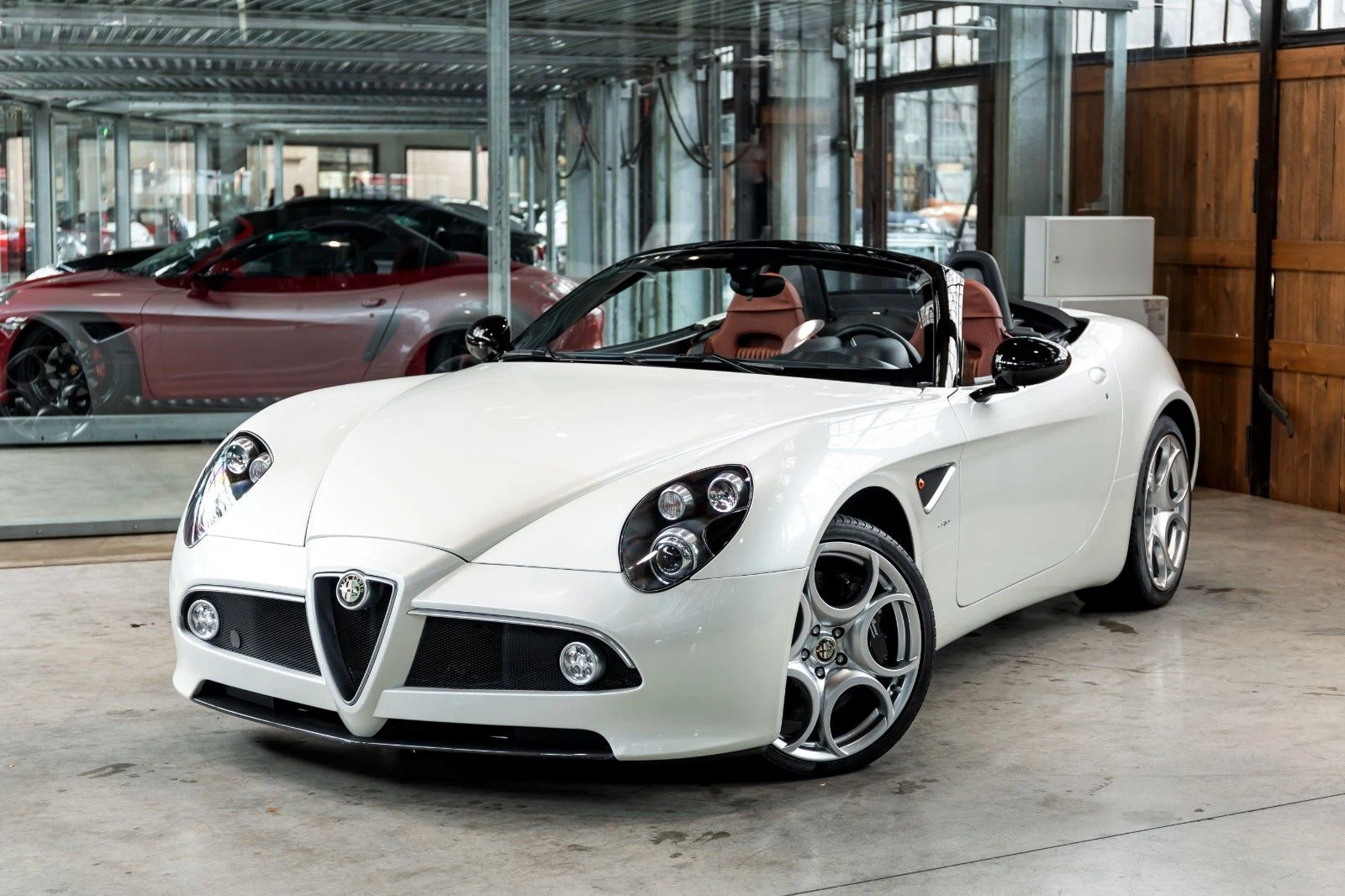 White Alfa Romeo 8C Spider, full front three-quarter view