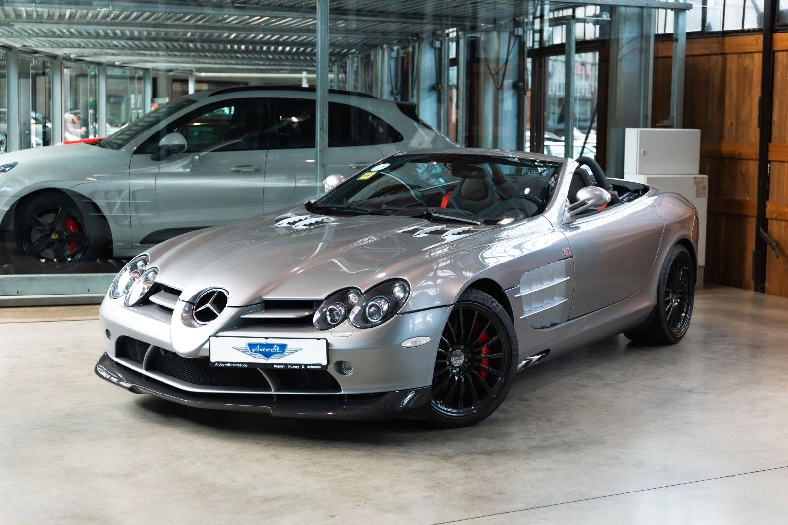 Gray Mercedes-Benz SLR McLaren Roadster 722 S, full front three-quarter view