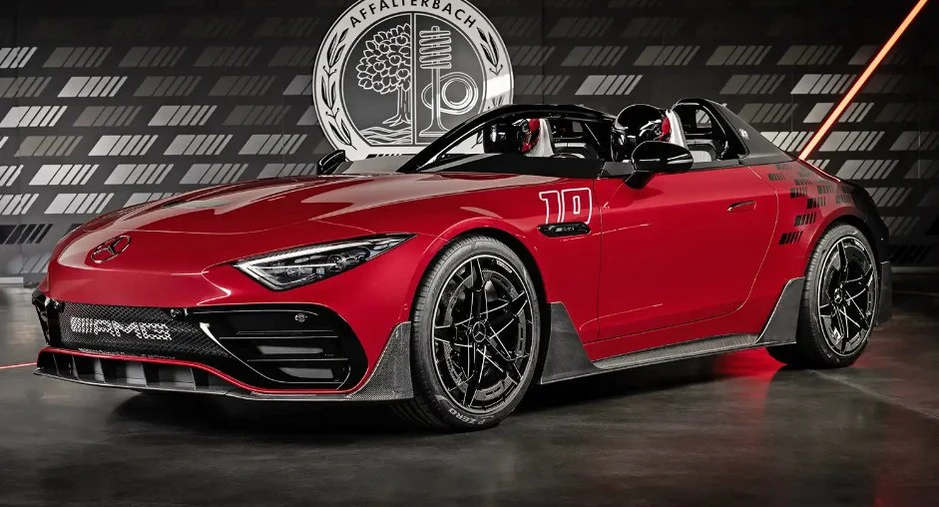 Red Mercedes-AMG PureSpeed, full front three-quarter view