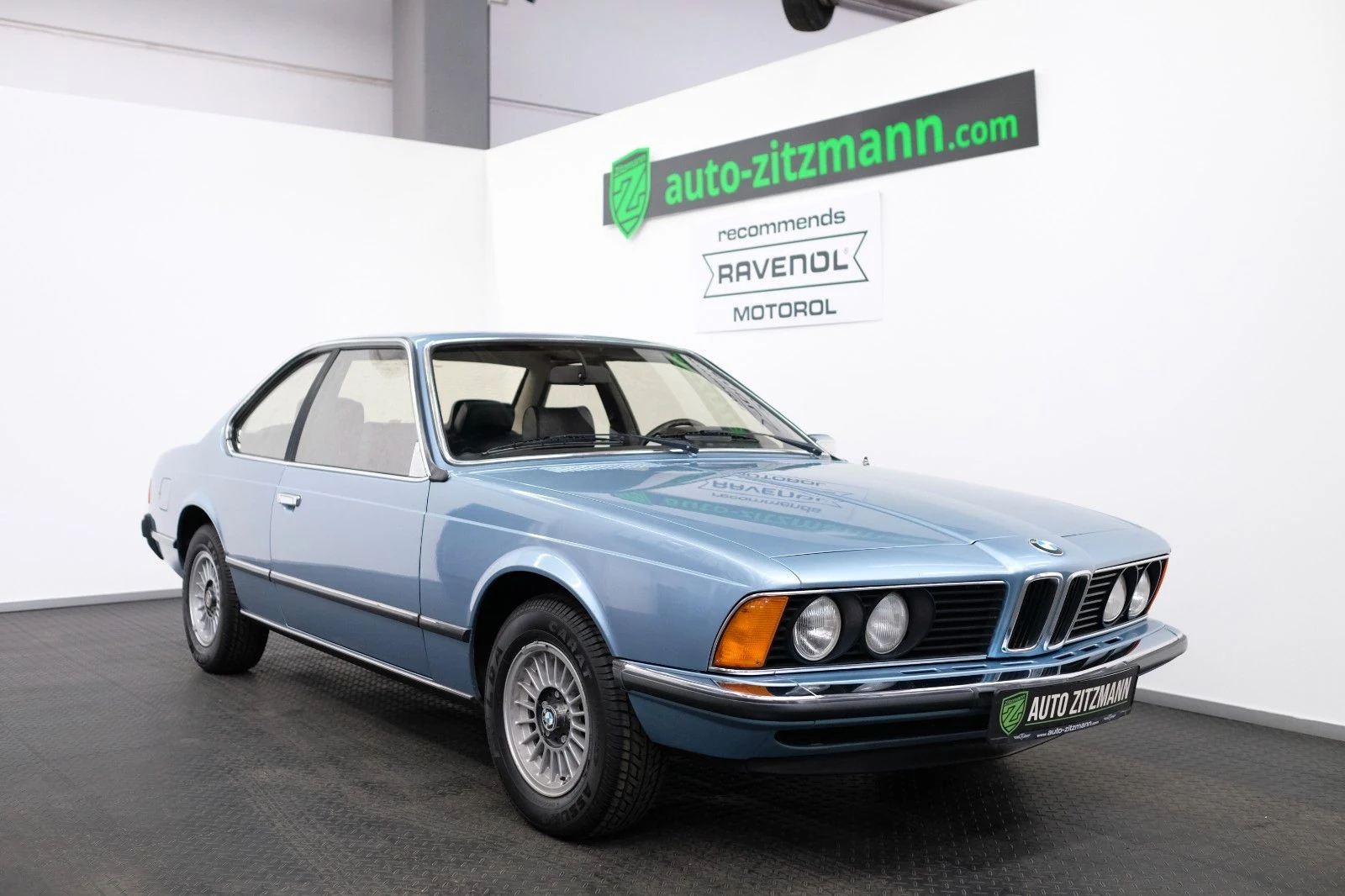Fjord Blue BMW 633 CSi, full front three-quarter view