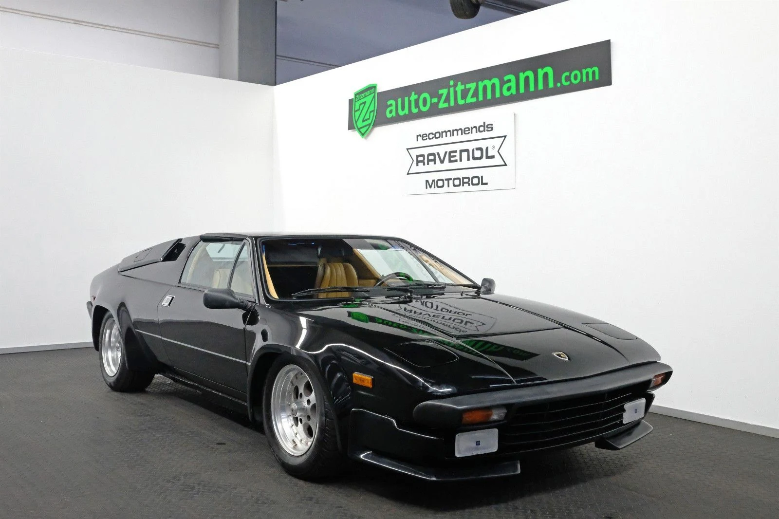 Black Lamborghini Jalpa, full front three-quarter view