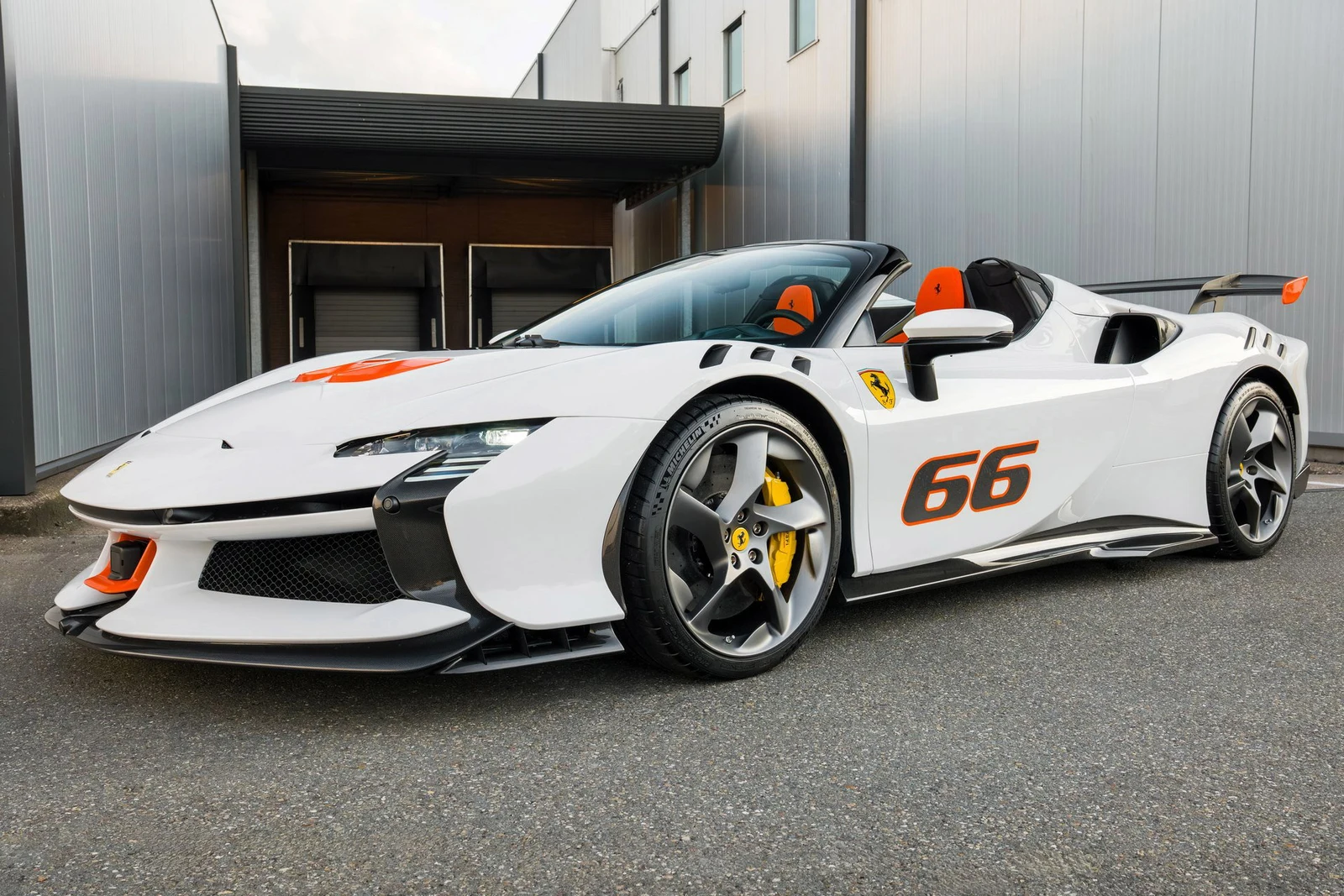 Ferrari SF90 XX Spider · Bianco Cervino with Flash Orange livery and number 66 · Bernards Exclusives
