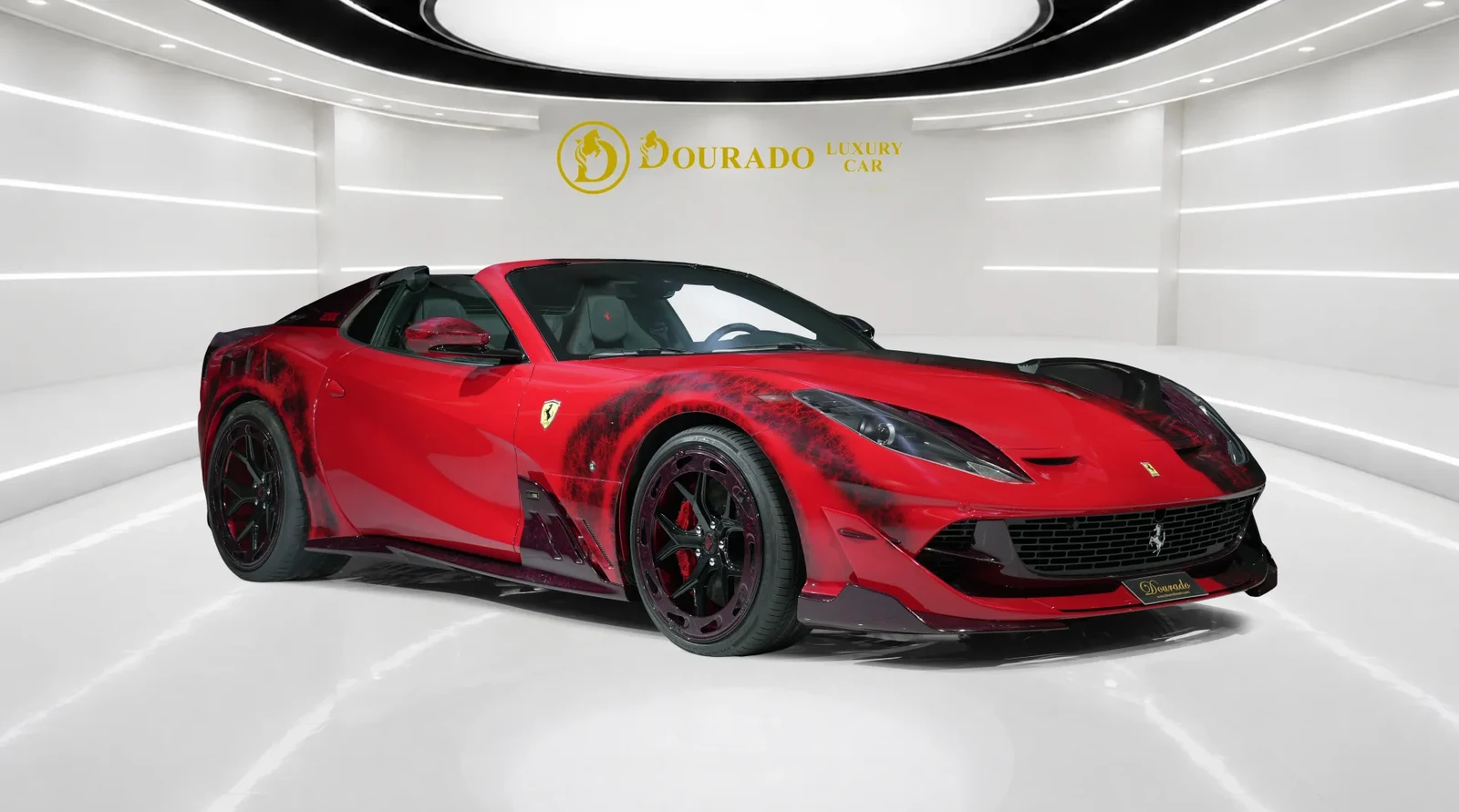 2023 Ferrari 812 GTS 8XX by Onyx Concept, Nero Daytona and Rosso Corsa, complete car from a front three-quarter angle