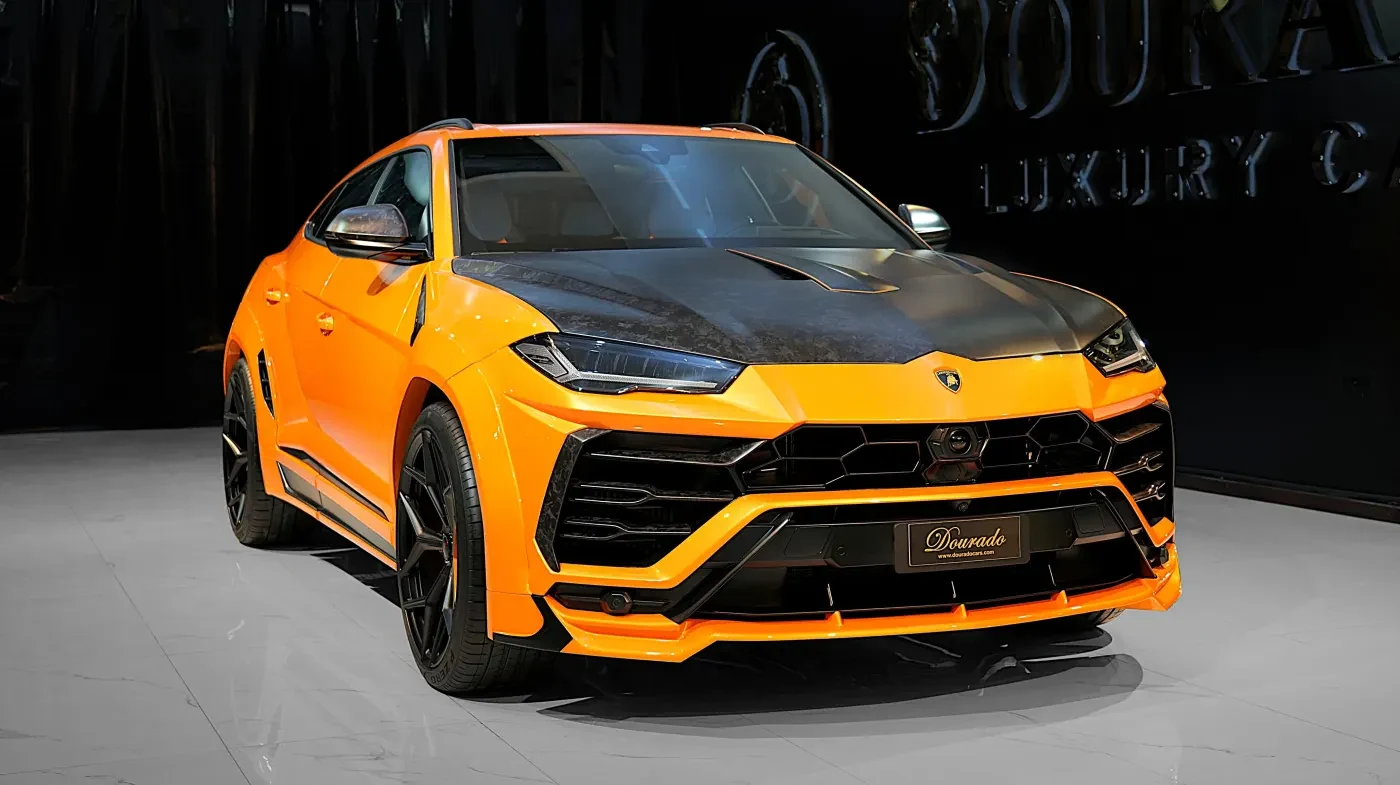 2023 Lamborghini Urus Novitec ESTESO, Orange Arancio Borealis, complete car from a front three-quarter angle