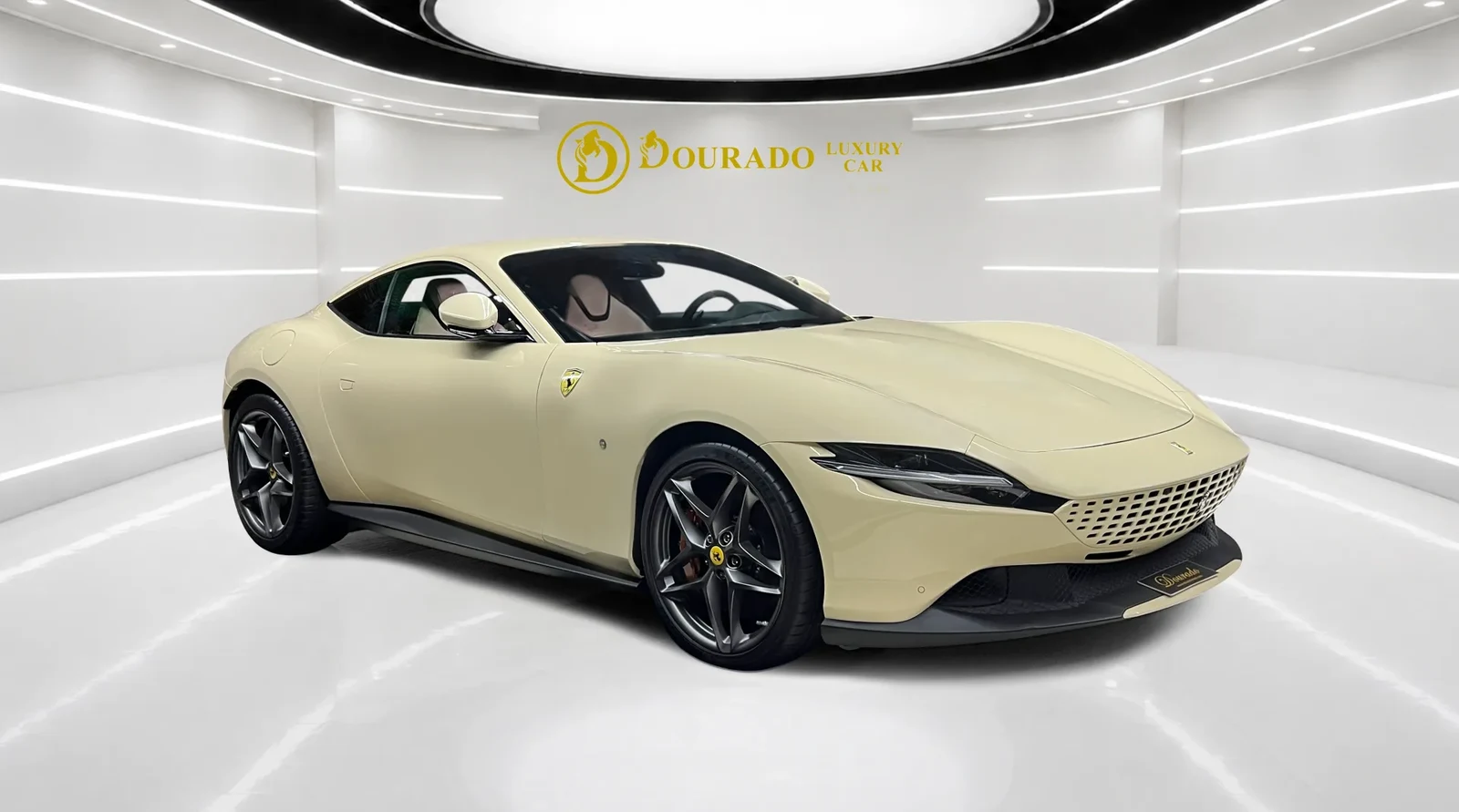 2022 Ferrari Roma, Avorio Beige, complete car from a front three-quarter angle