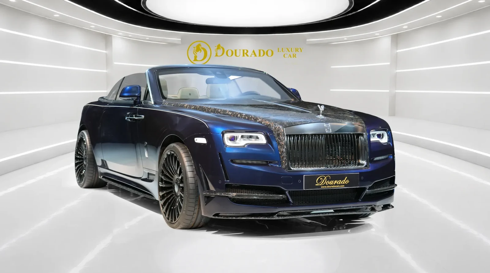 2022 Rolls-Royce Dawn by Onyx Concept, Special Paint: Midnight Sapphire Blue, complete car from a front three-quarter angle