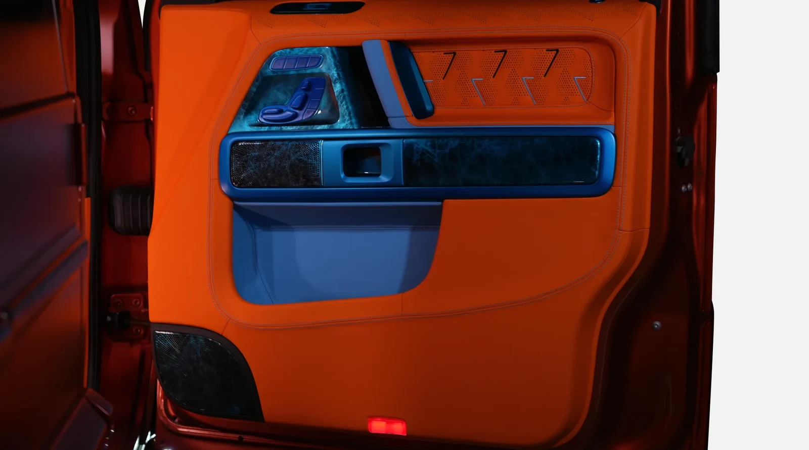 2023 Mercedes-Benz G-Class G7X Rage by Onyx Concept interior, door panel, Mandarine Orange & Pacific Blue