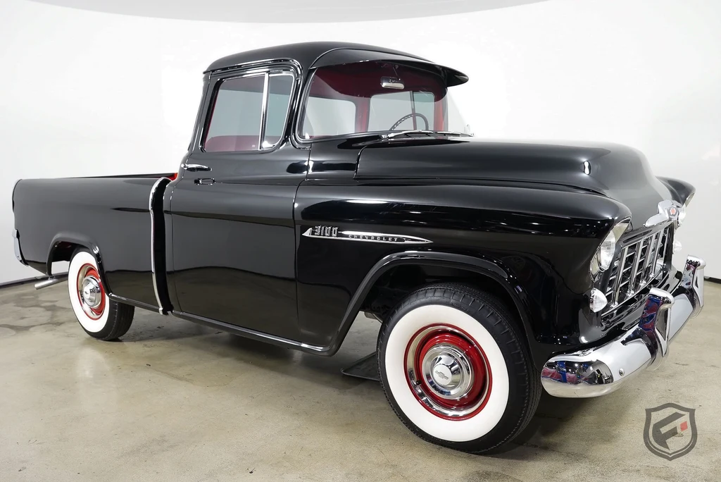 1956 Chevrolet 3100 Cameo Carrier pickup in black offered by Fusion Luxury Motors in Chatsworth, California