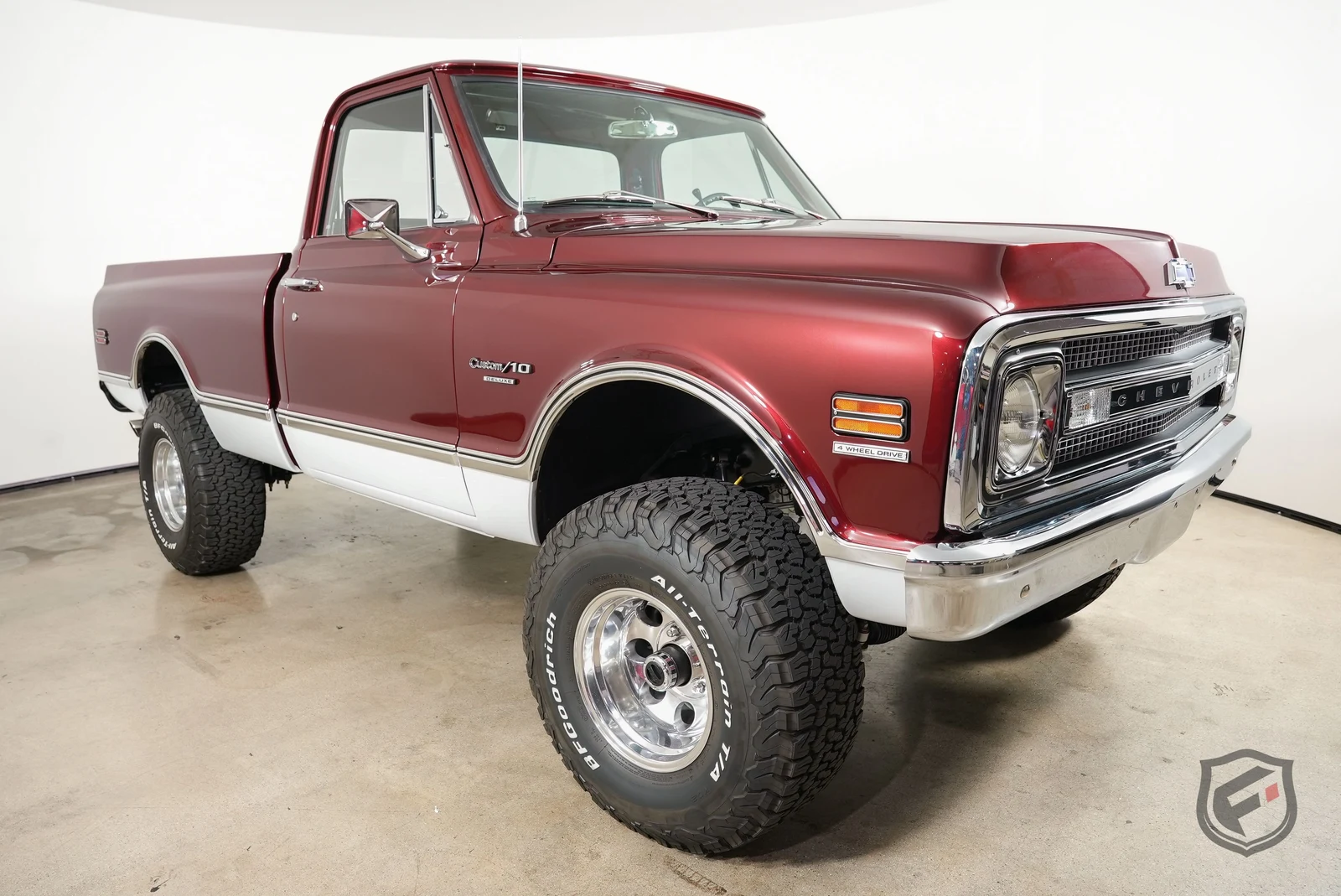 1970 Chevrolet K10 LS restomod 4x4 in red and white offered by Fusion Luxury Motors in Chatsworth, California