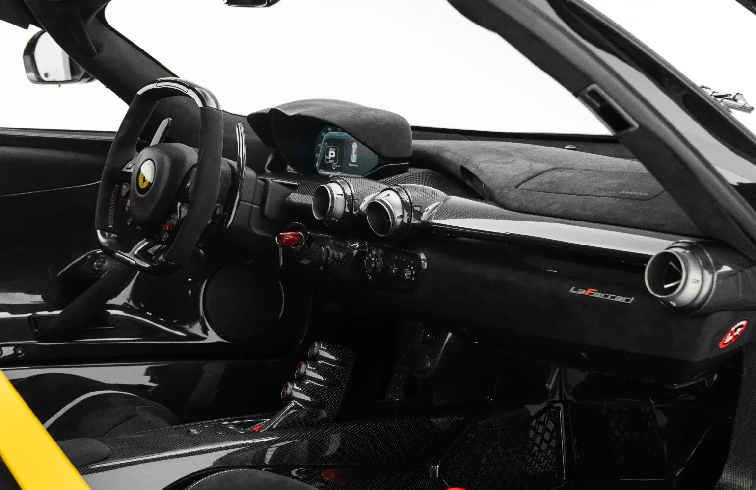 2015 Ferrari LaFerrari interior, Black Alcantara with yellow seat belts