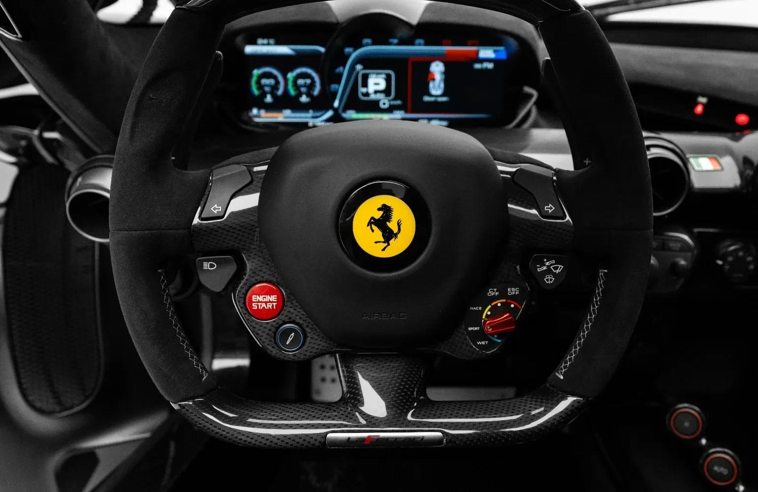 2015 Ferrari LaFerrari interior, steering wheel, Black Alcantara with yellow seat belts