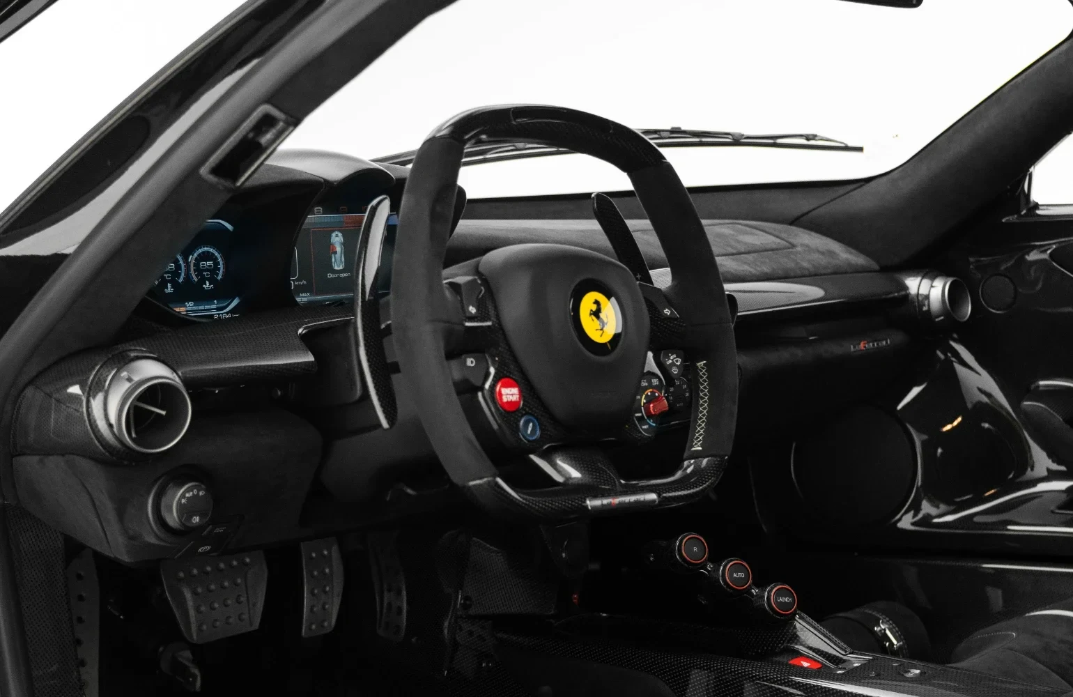 2015 Ferrari LaFerrari interior, dashboard, Black Alcantara with yellow seat belts