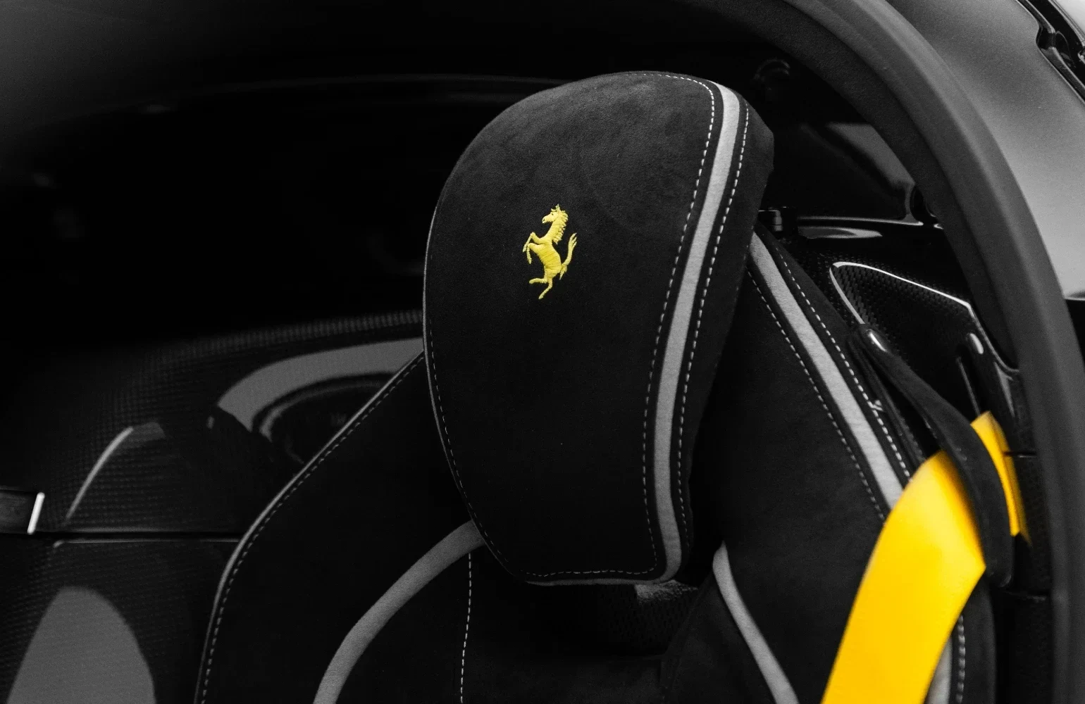 2015 Ferrari LaFerrari interior, Black Alcantara with yellow seat belts