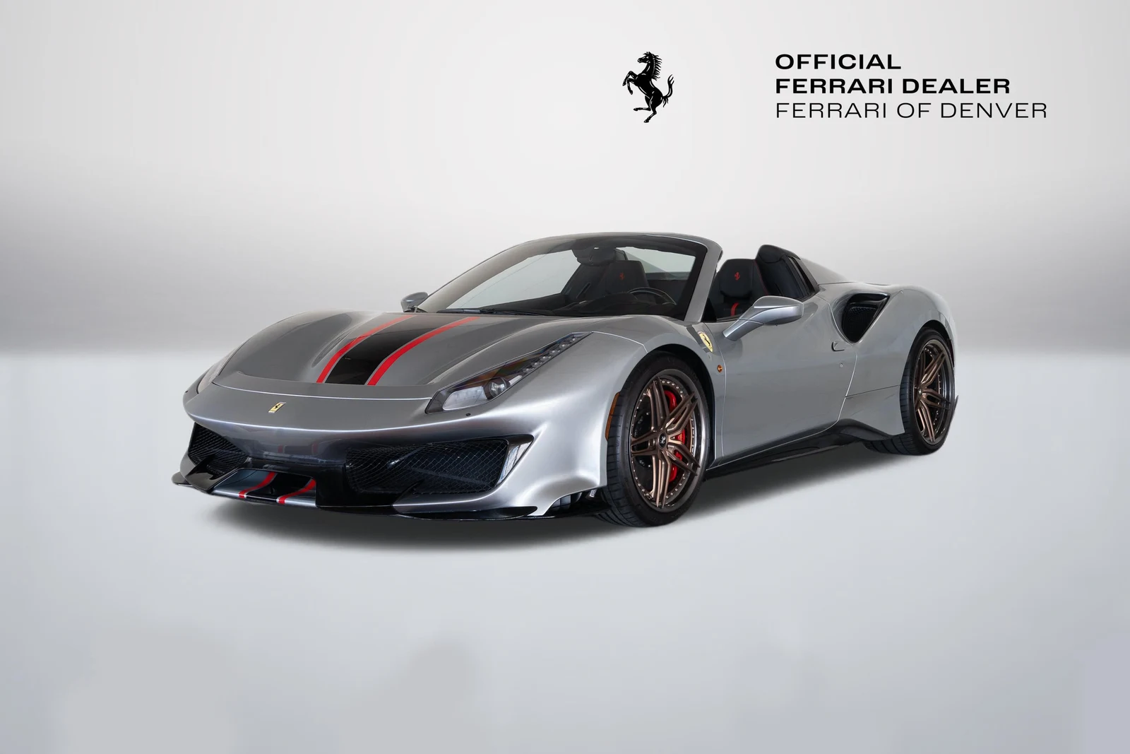 Grigio Titanio Metall Ferrari 488 Pista Spider in a front three-quarter view