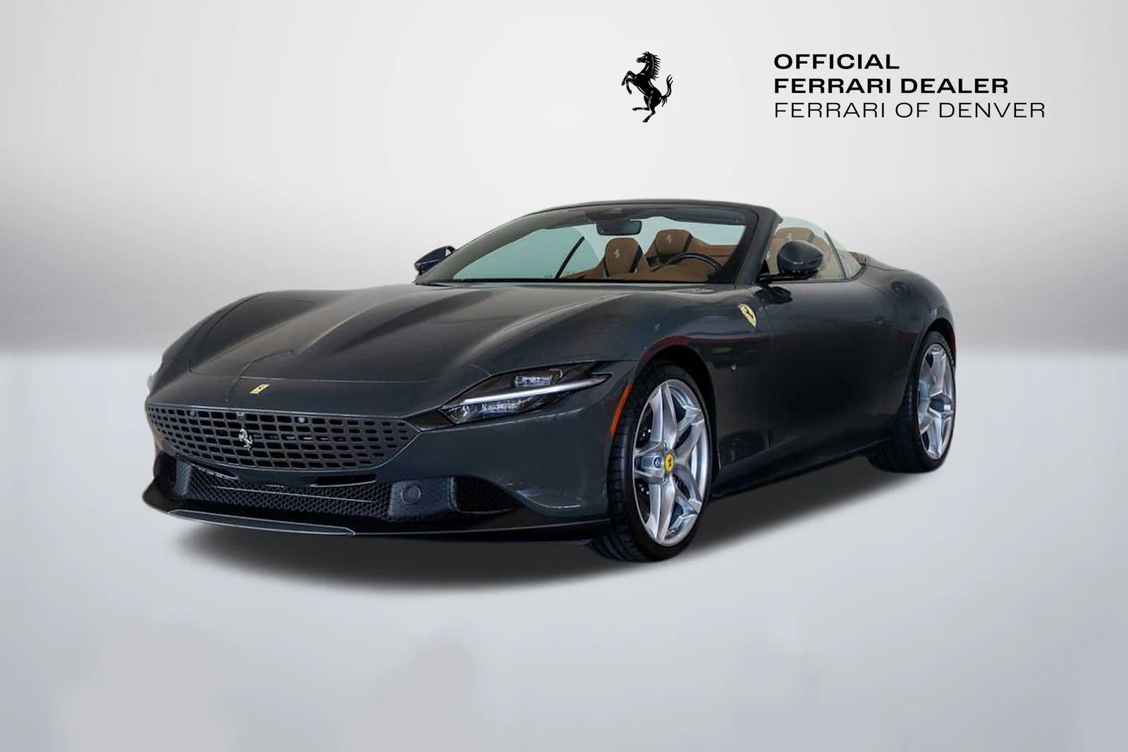 Grigio Scuro Ferrari Roma Spider in a front three-quarter view