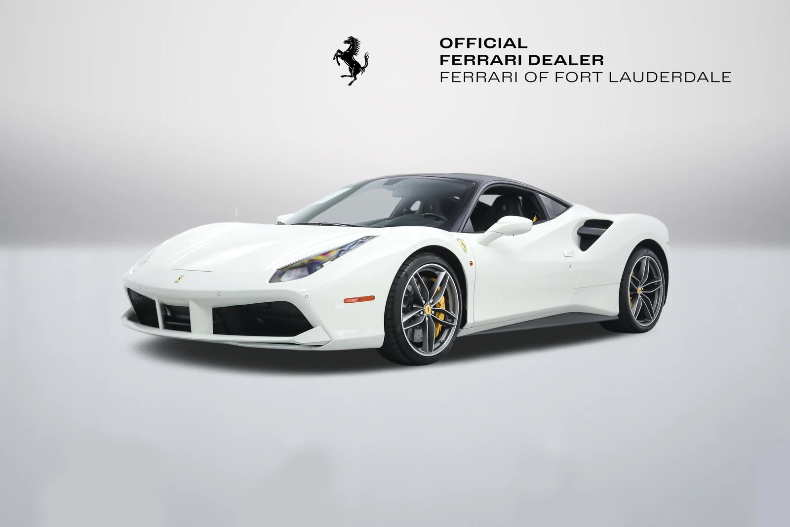 Bianco Avus Ferrari 488 GTB in a front three-quarter view