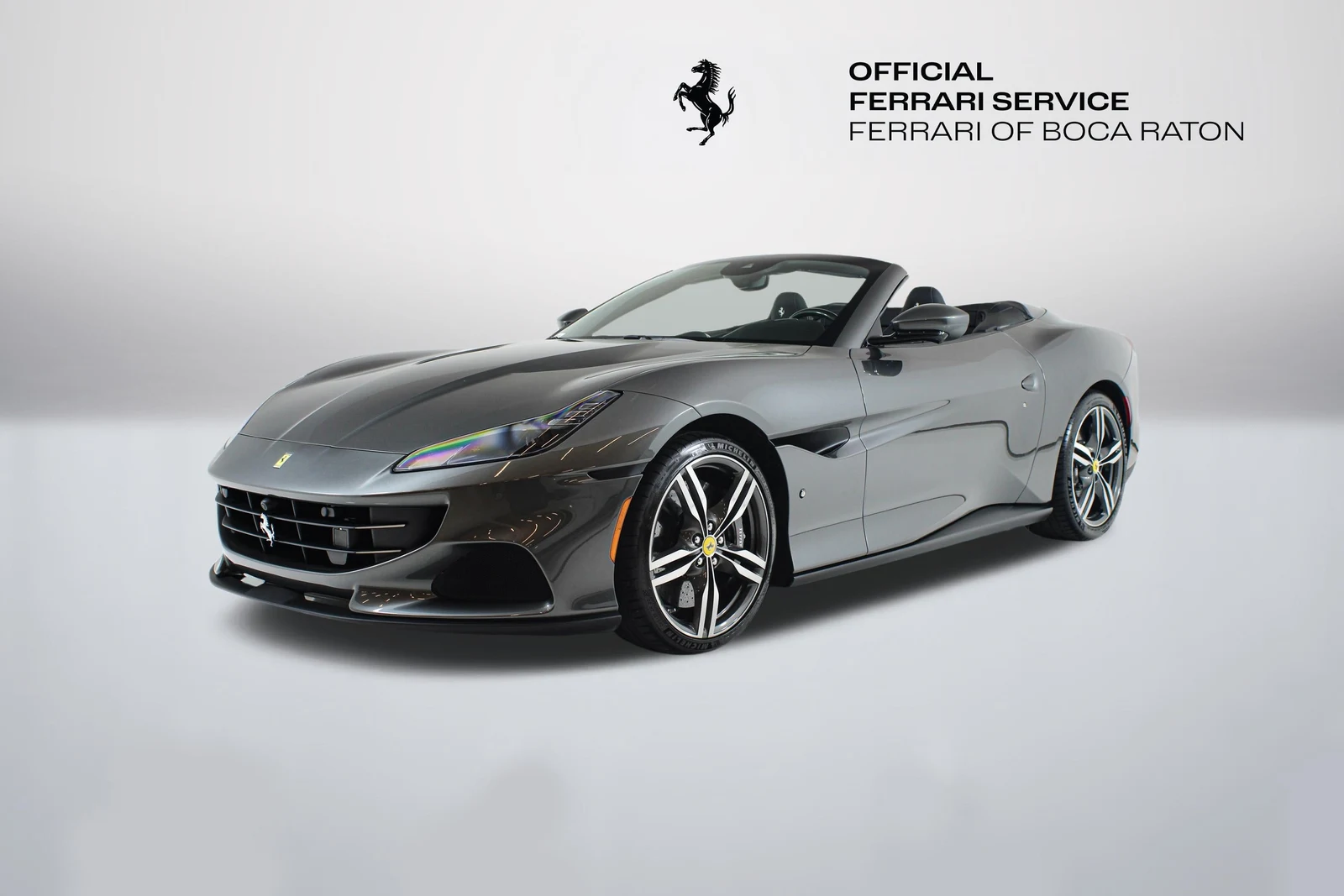 Grigio Silverstone Ferrari Portofino M in a front three-quarter view