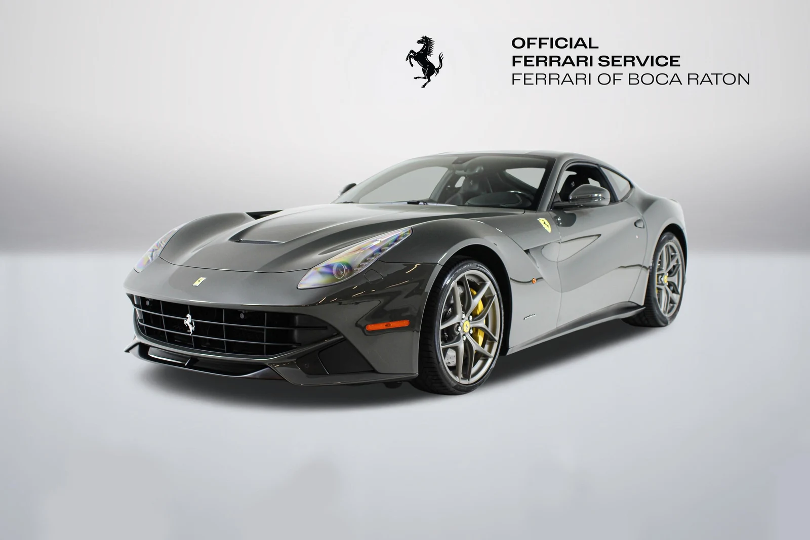 Grigio Scuro Ferrari F12berlinetta in a front three-quarter view