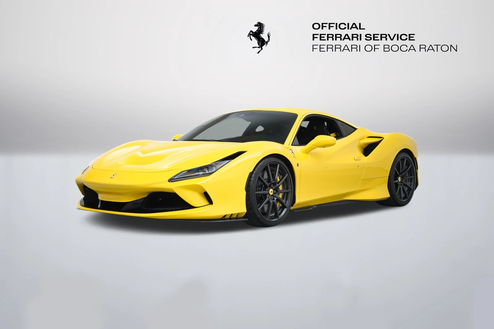Giallo Modena Ferrari F8 Tributo in a front three-quarter view