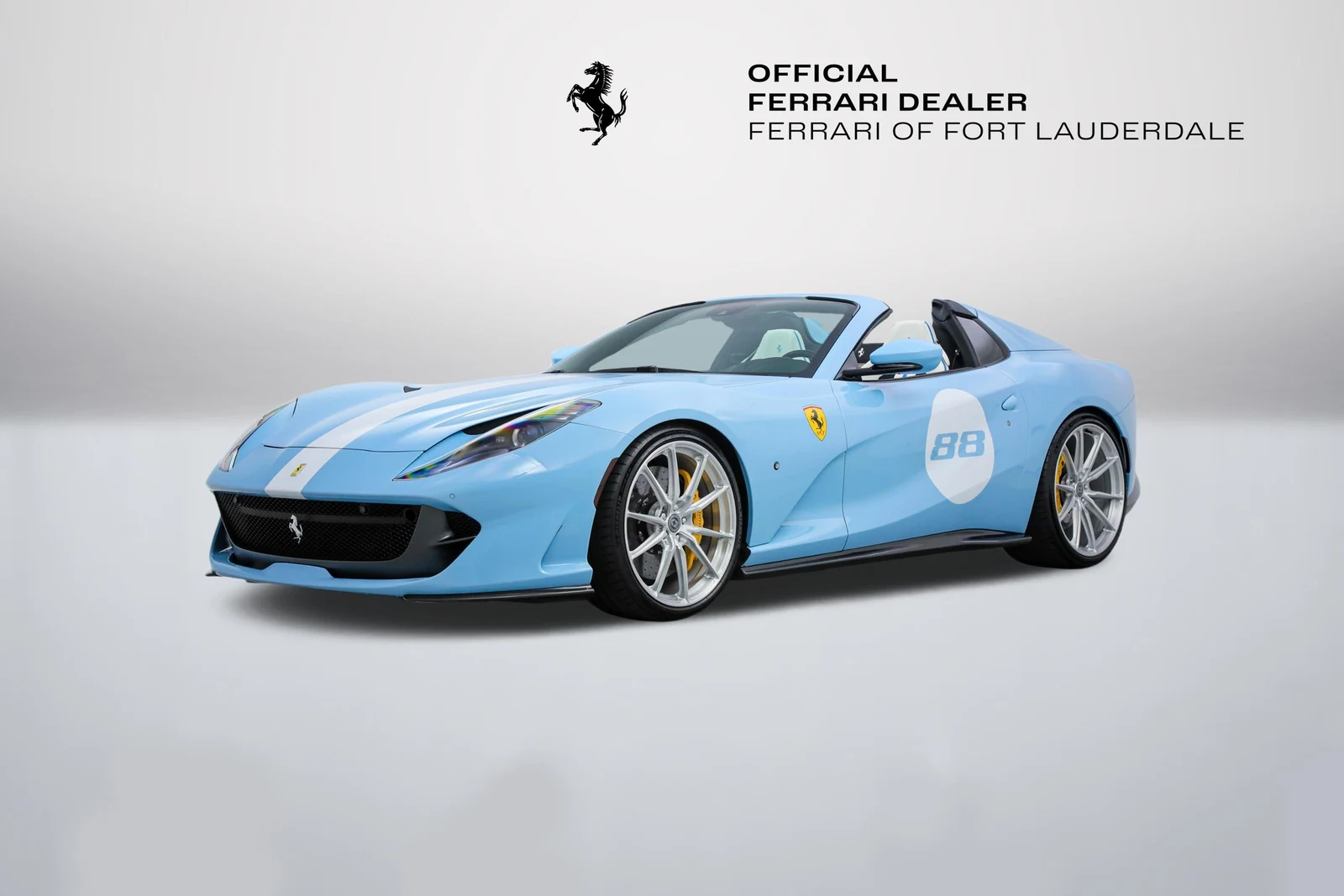 Azzurro La Plata Ferrari 812 GTS in a front three-quarter view
