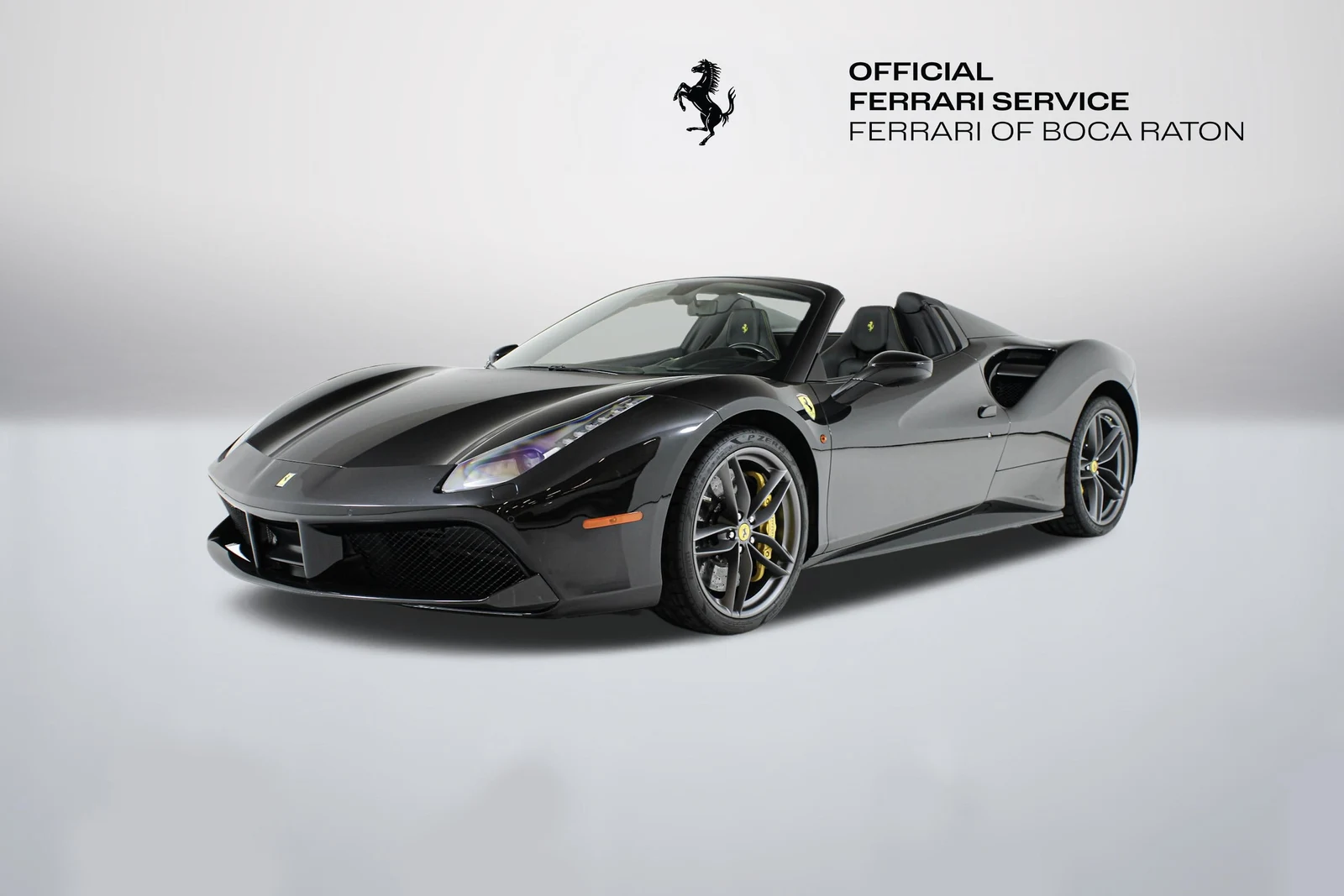 Nero Daytona Ferrari 488 Spider in a front three-quarter view