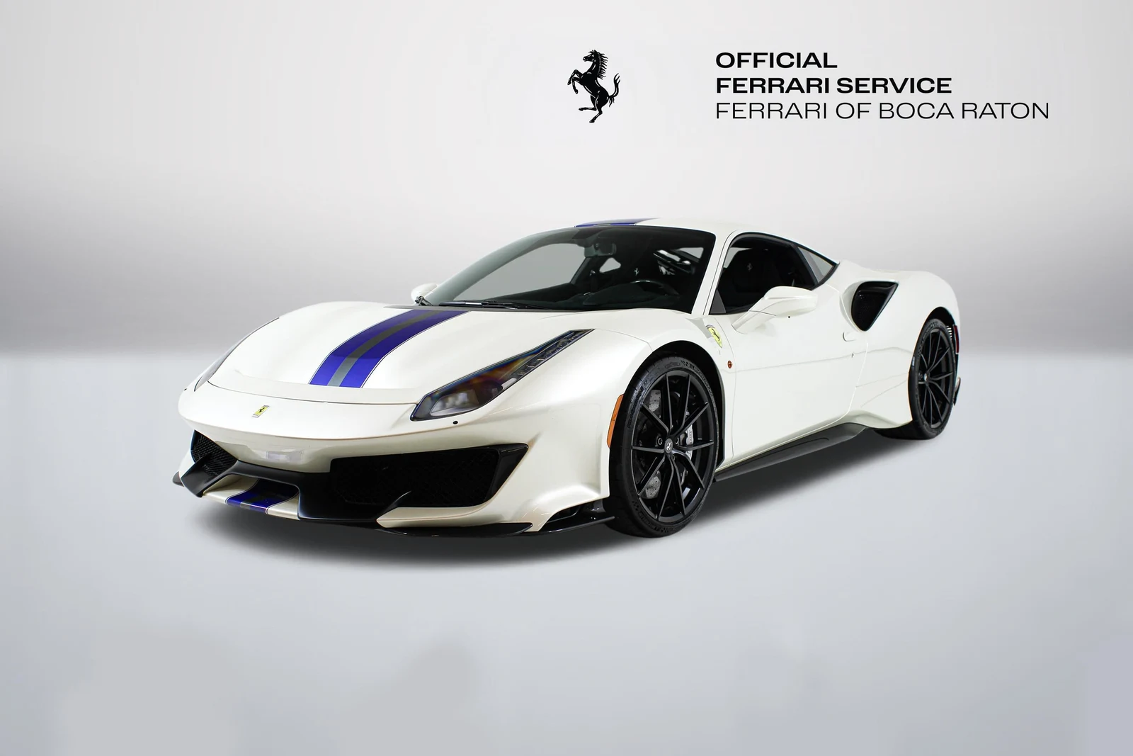 Bianco Italia Ferrari 488 Pista in a front three-quarter view