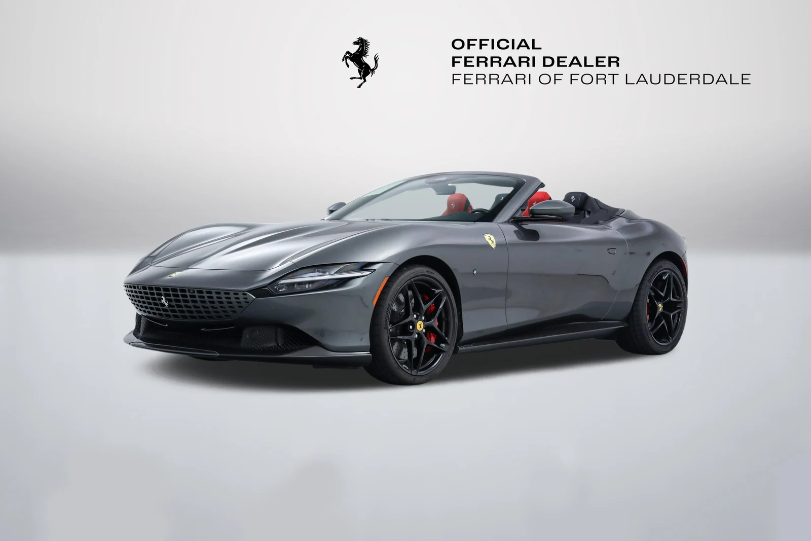 Grigio Silverstone Ferrari Roma Spider in a front three-quarter view