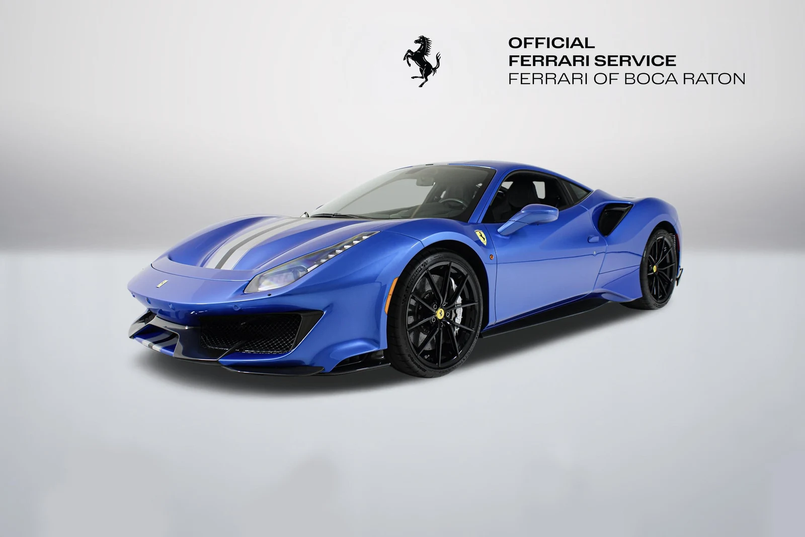 Blu Corsa Ferrari 488 Pista in a front three-quarter view