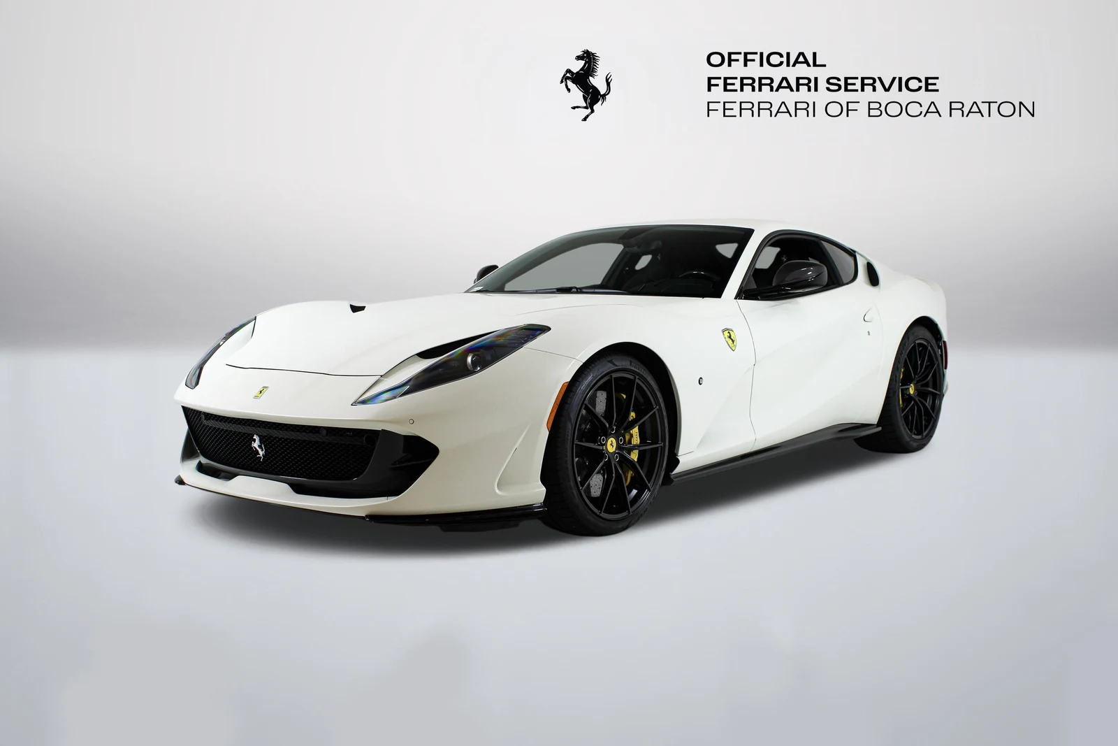 Bianco Avus Ferrari 812 Superfast in a front three-quarter view