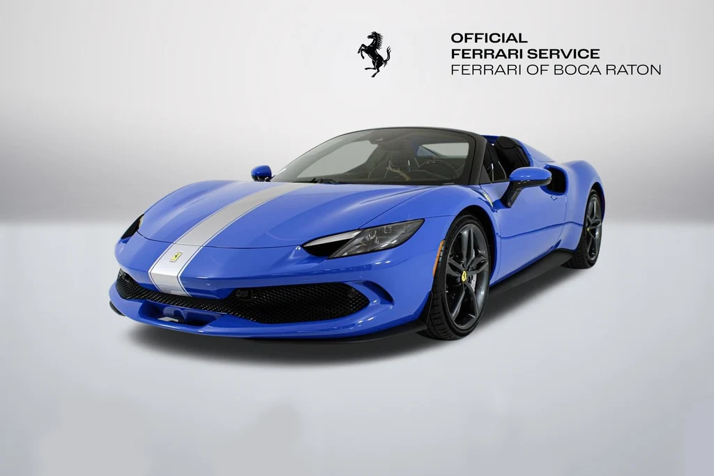 Azzurro Dino Ferrari 296 GTS in a front three-quarter view