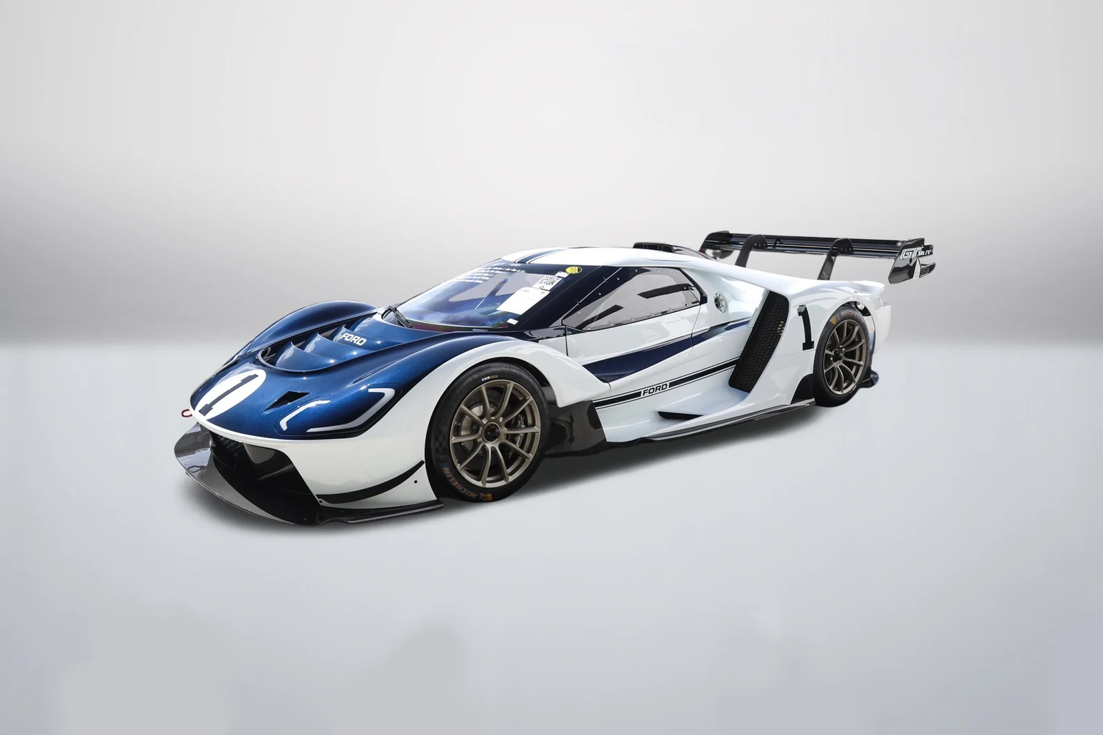 Frozen White Ford GT Mk IV in a front three-quarter view