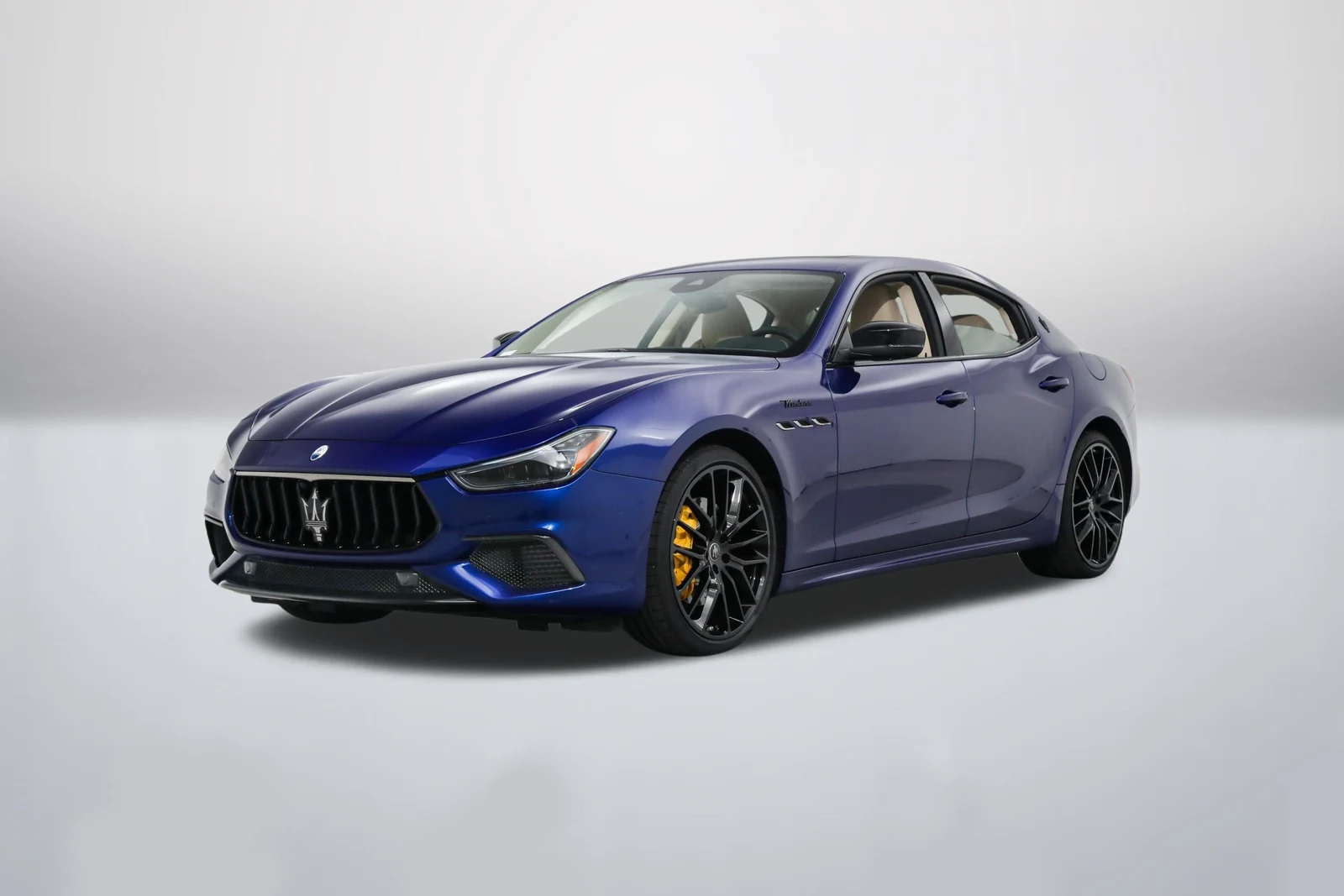 Blu Emozione Maserati Ghibli Modena in a front three-quarter view