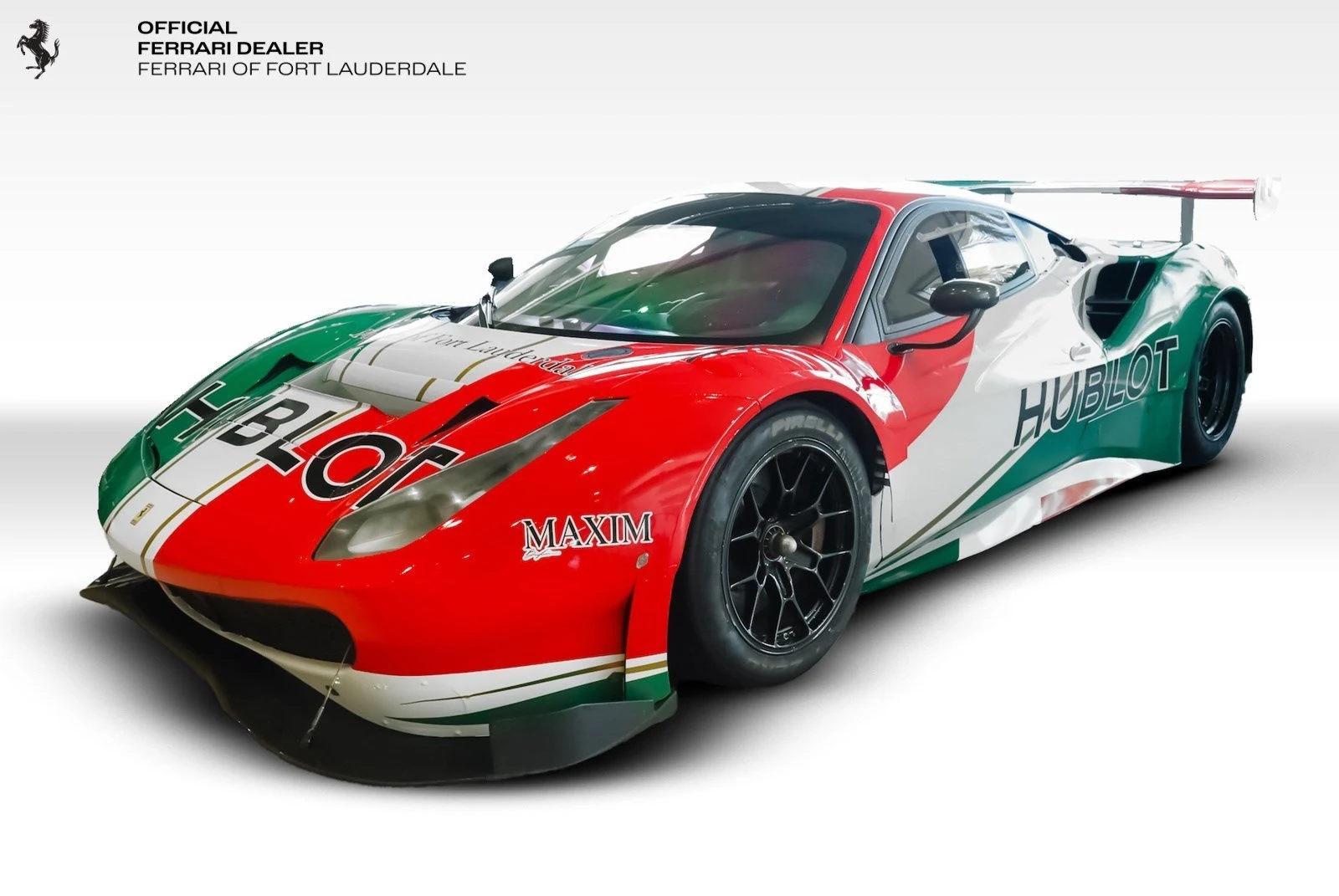 Hublot livery (red, white and green) Ferrari 488 GT3 Evo in a front three-quarter view