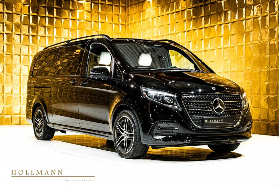 Mercedes-Benz V 300 d 4MATIC extra-long customized, front three-quarter view.