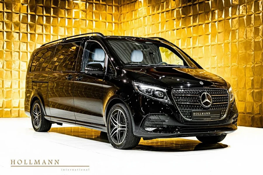 Mercedes-Benz V 300 d 4MATIC extra-long customized, front three-quarter view.