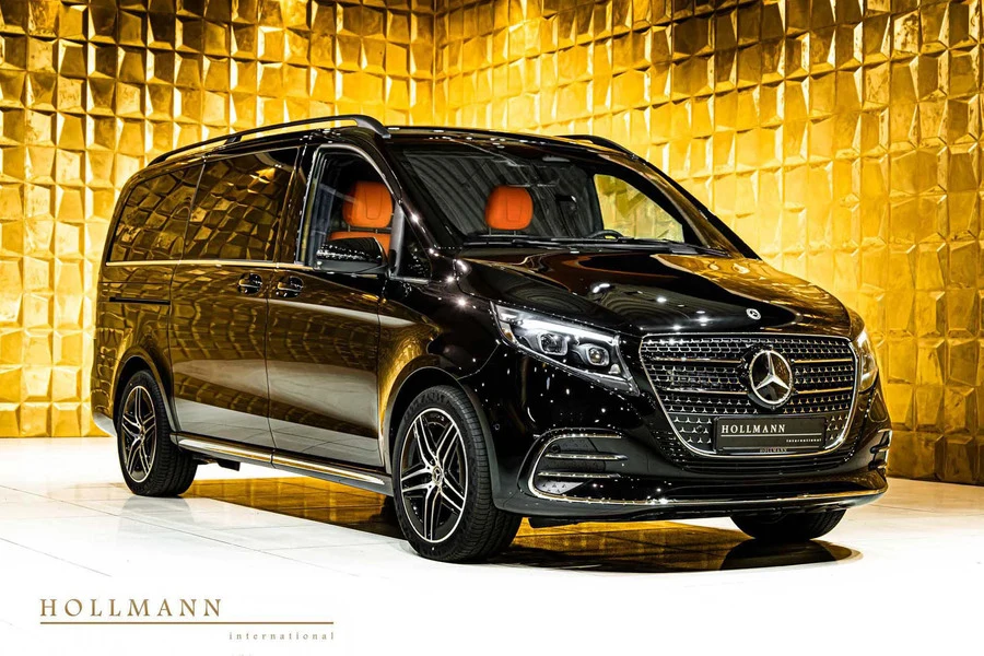 Mercedes-Benz V 300 d 4MATIC extra-long customized, front three-quarter view.