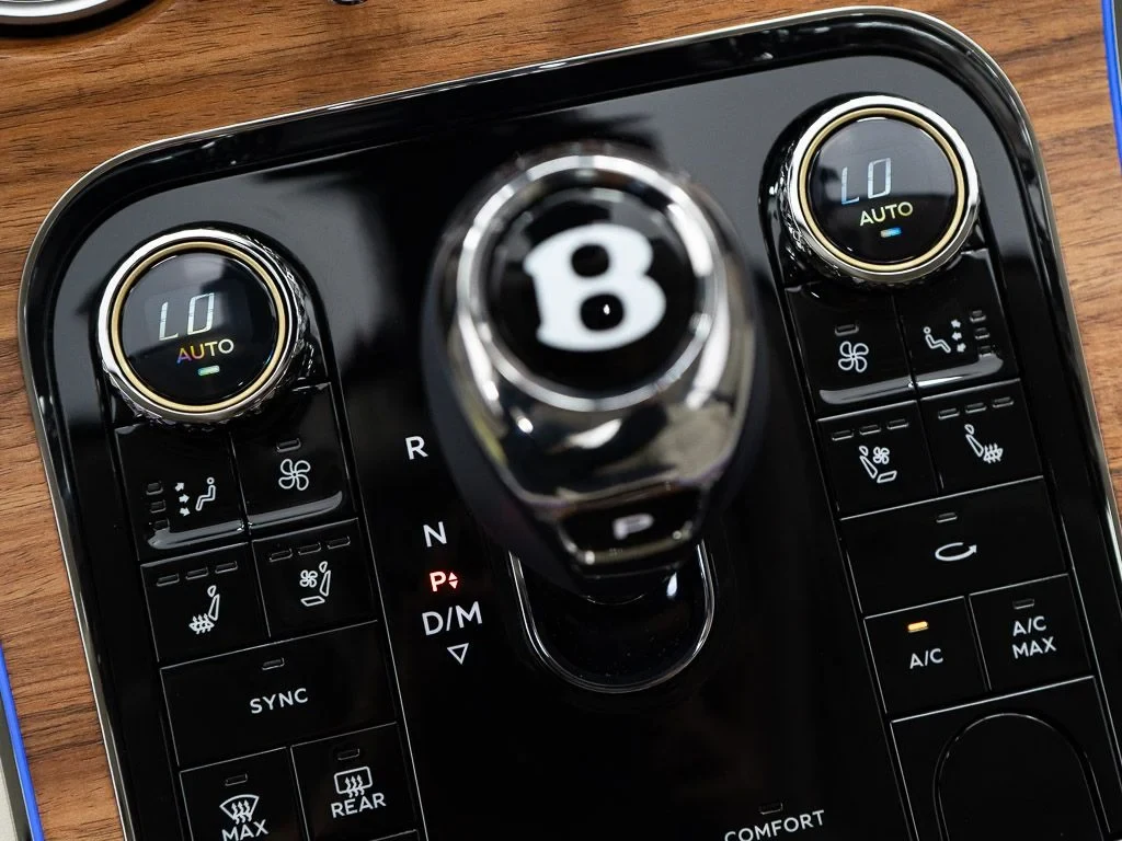 2026 Bentley Continental GT Azure interior, center console, Linen / Imperial Blue
