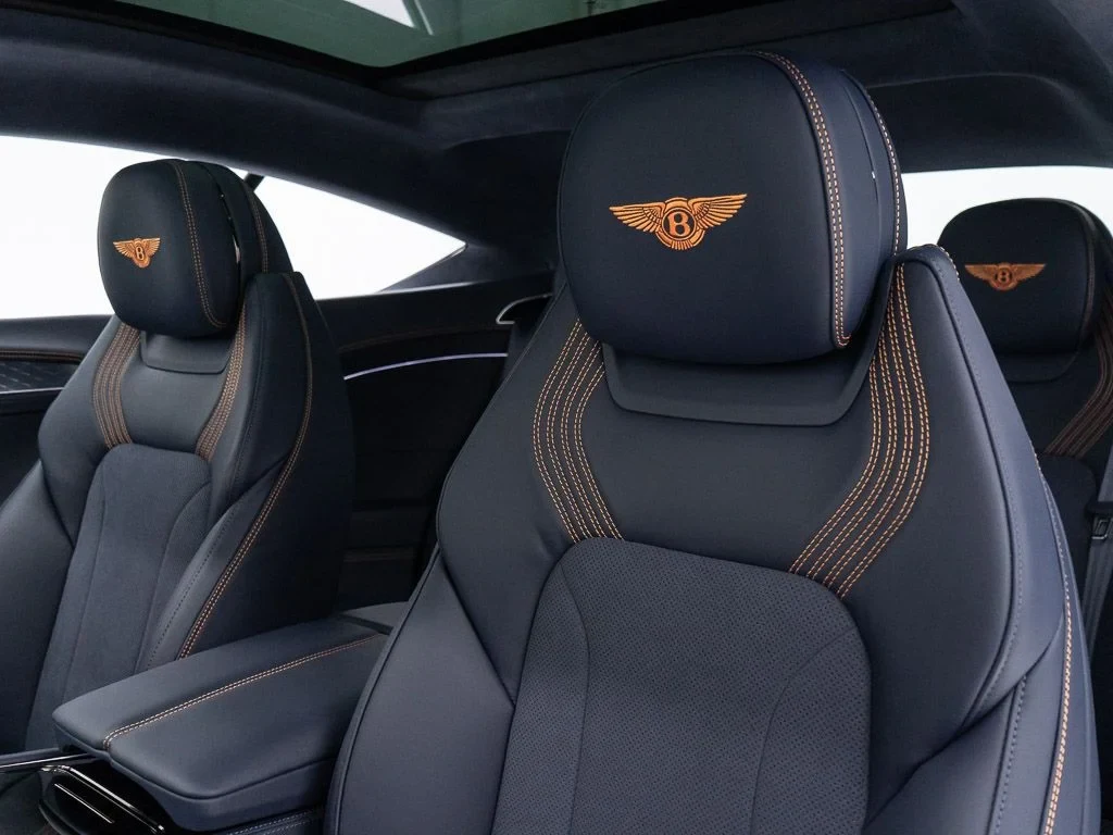2026 Bentley Continental GT S interior, seats, Imperial Blue / Mandarin - by Mulliner