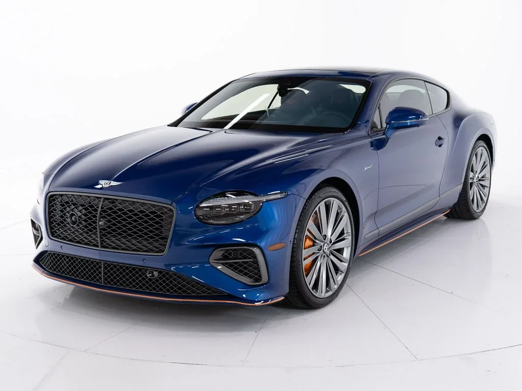 2026 Bentley Continental GT Speed for sale, front three-quarter view, Moroccan Blue w/Pinstripe in Mandarin