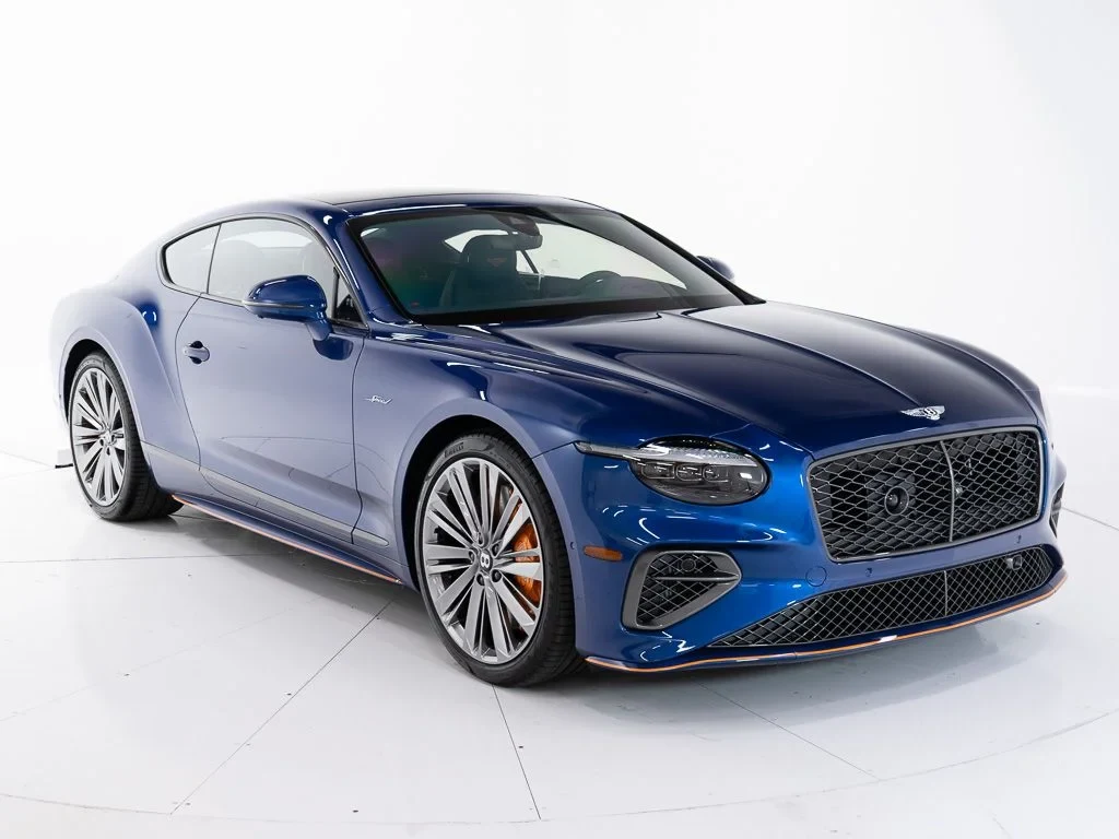 2026 Bentley Continental GT Speed for sale, front three-quarter view, Moroccan Blue w/Pinstripe in Mandarin